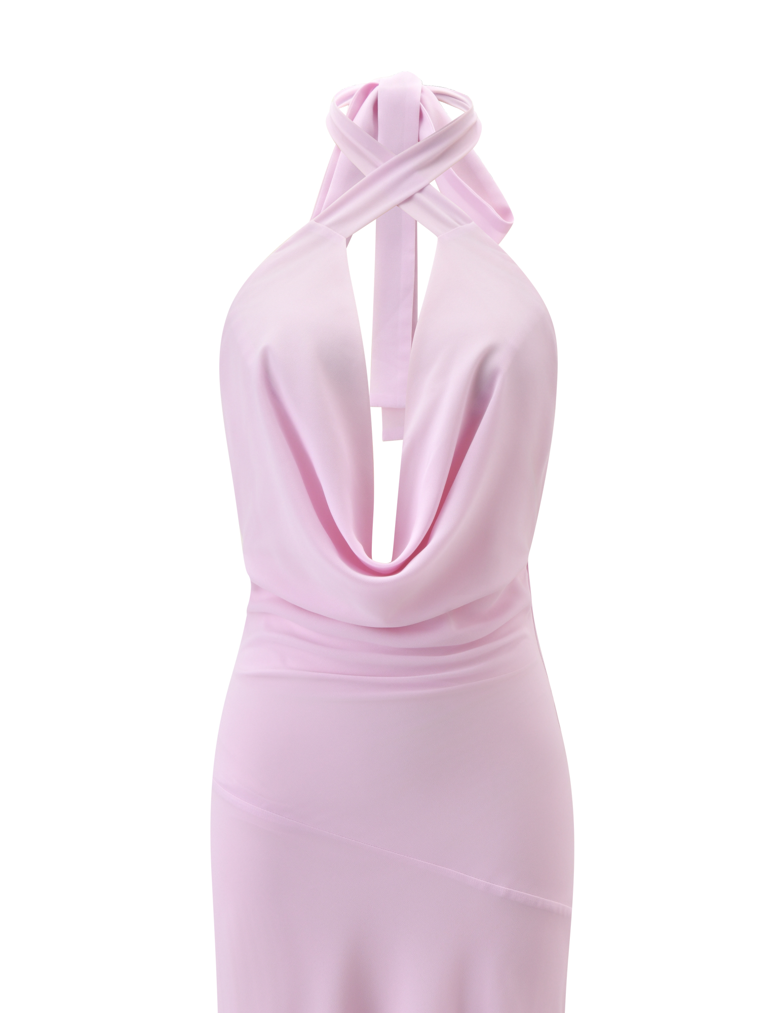 The TIGERMIST ZYLA MAXI DRESS in baby pink is a chiffon halter-neck maxi with a draped cowl neckline and open back, shown on a plain white background.