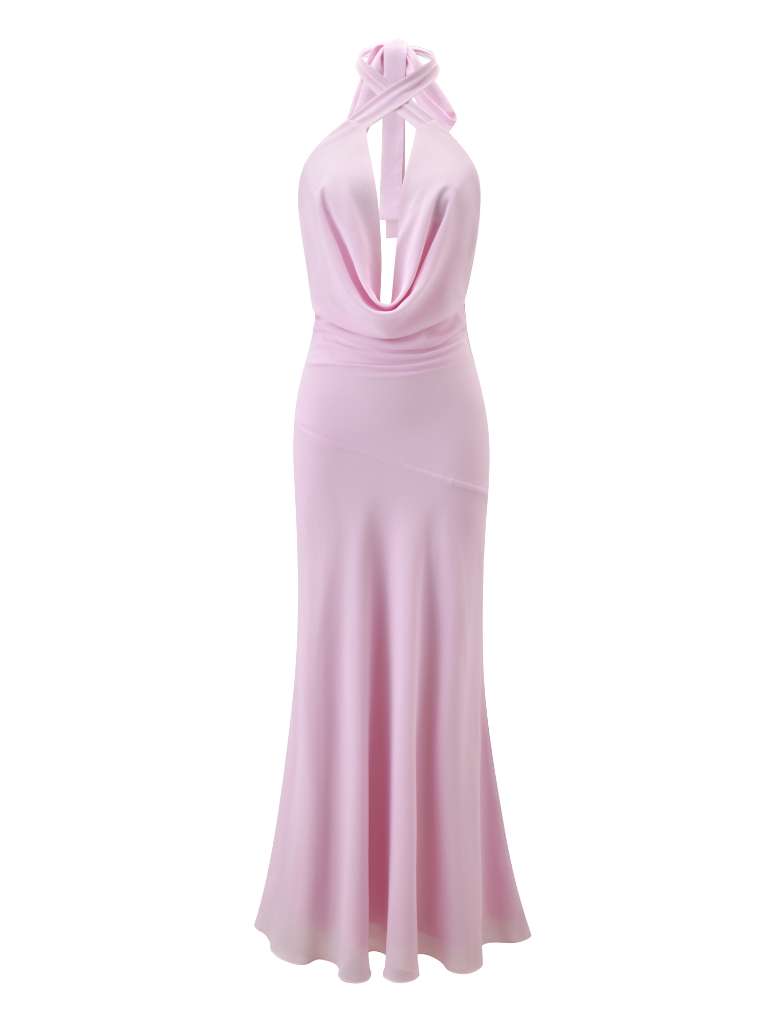 The TIGERMIST ZYLA MAXI DRESS in baby pink features a satin cowl neck, halter neckline, draped front, and fitted silhouette that flares at the hem. Displayed on a plain white background.