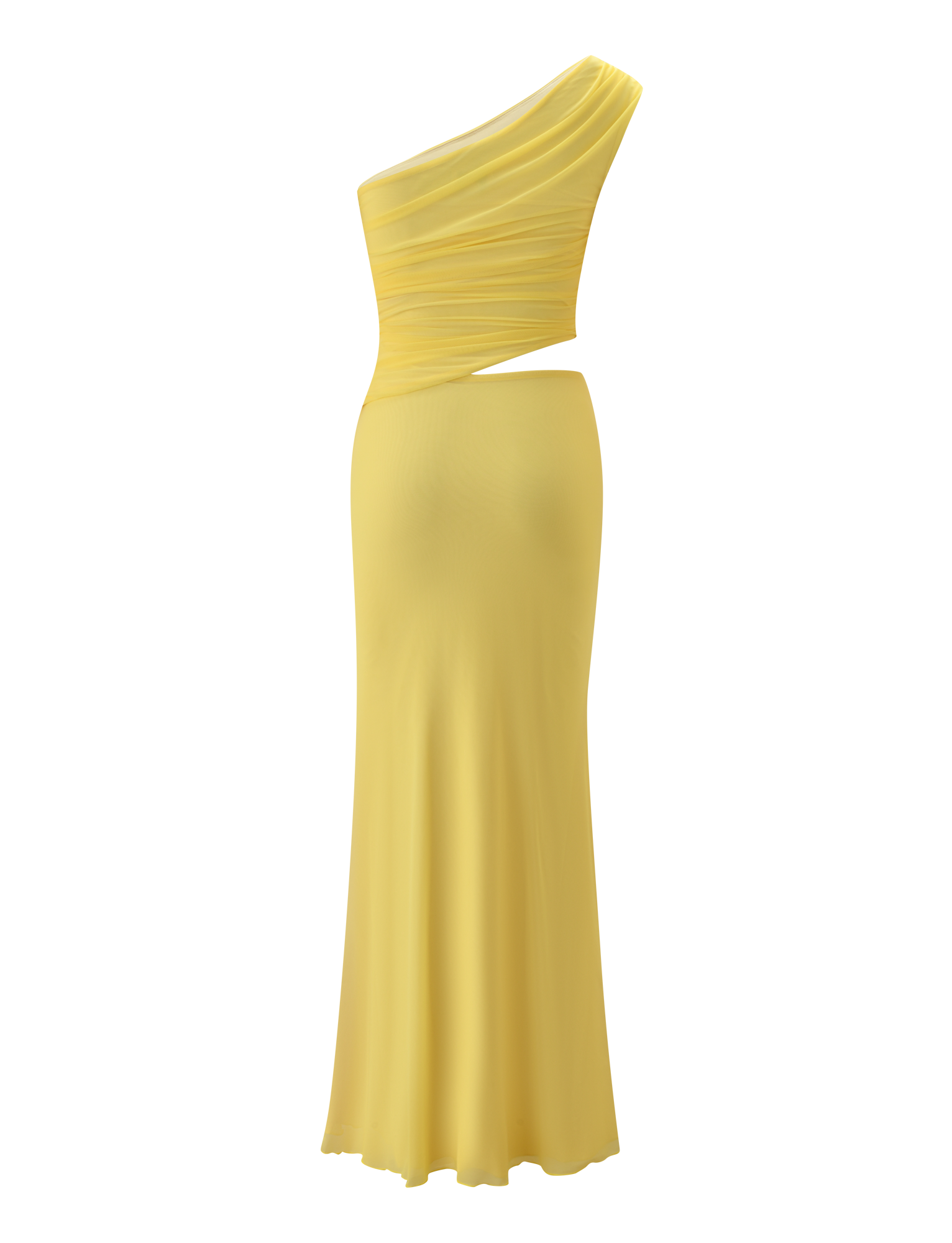 The TIGERMIST COBI 2.0 MAXI DRESS in butter yellow features an elegant asymmetrical design with a one-shoulder neckline, ruched bodice, and a small side waist cutout, displayed on a plain white background.