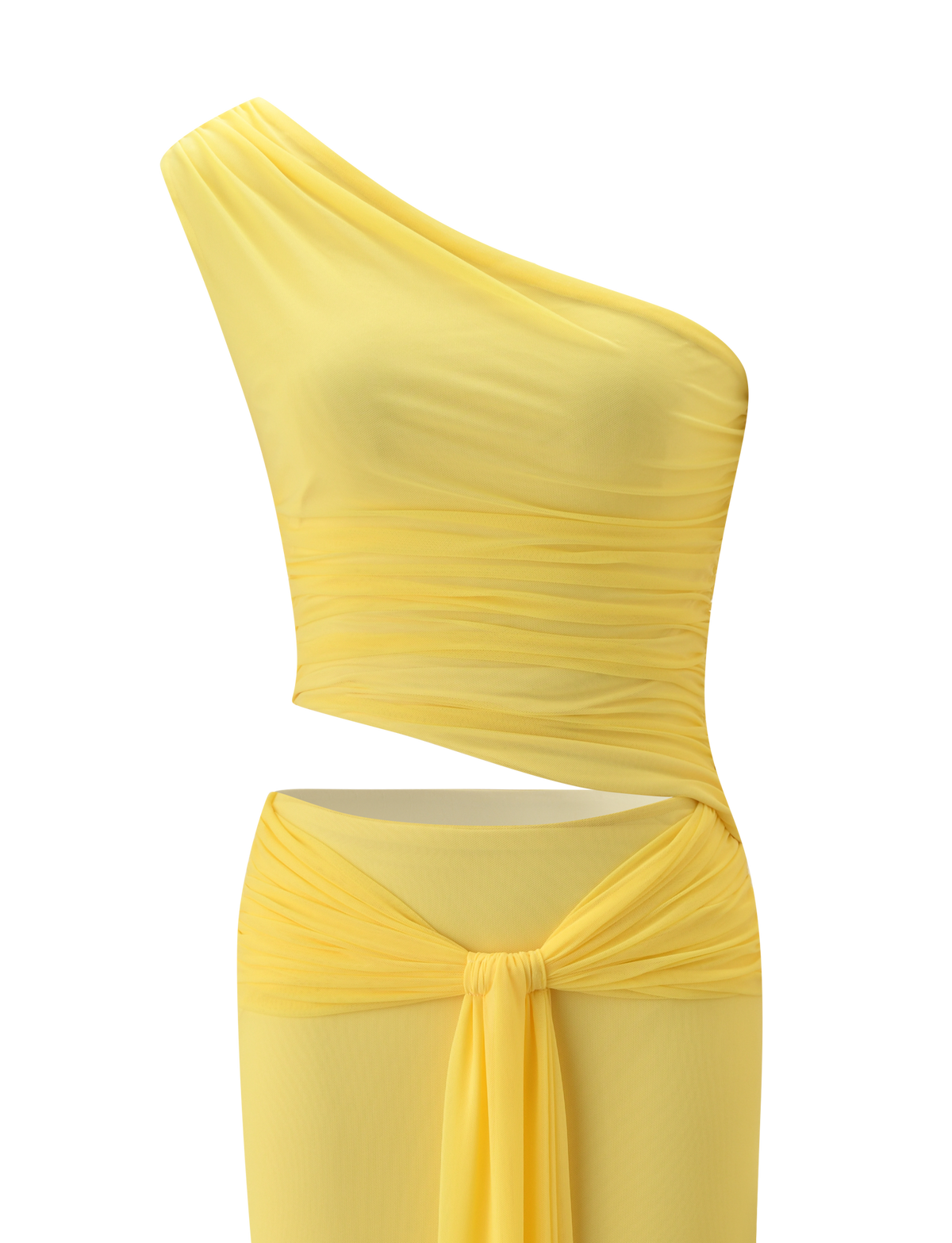 The TIGERMIST COBI 2.0 MAXI DRESS in Butter Yellow is an asymmetrical, sheer maxi dress with a ruched bodice, one-shoulder neckline, waist cutout, and a front draped tie detail.
