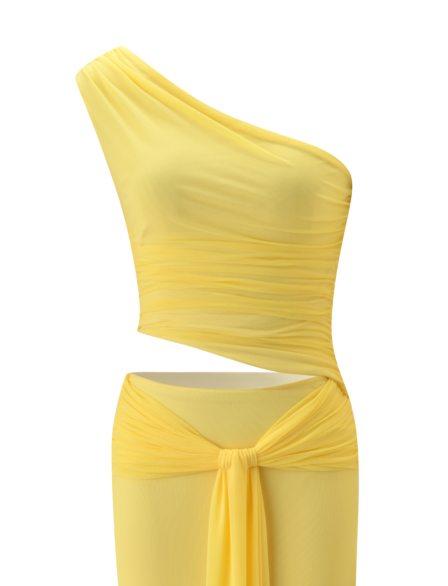 The TIGERMIST COBI 2.0 MAXI DRESS in Butter Yellow is an asymmetrical, sheer maxi dress with a ruched bodice, one-shoulder neckline, waist cutout, and a front draped tie detail.