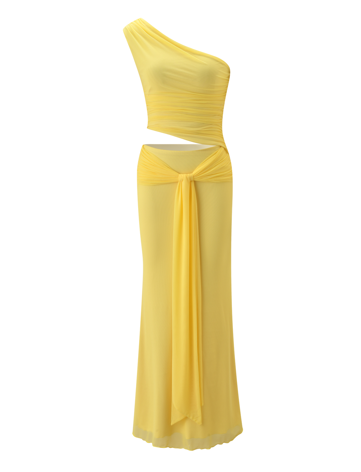 The TIGERMIST COBI 2.0 MAXI DRESS in butter yellow is an asymmetrical maxi with a ruched bodice, one-shoulder neckline, waist cutout, and draped front sash.