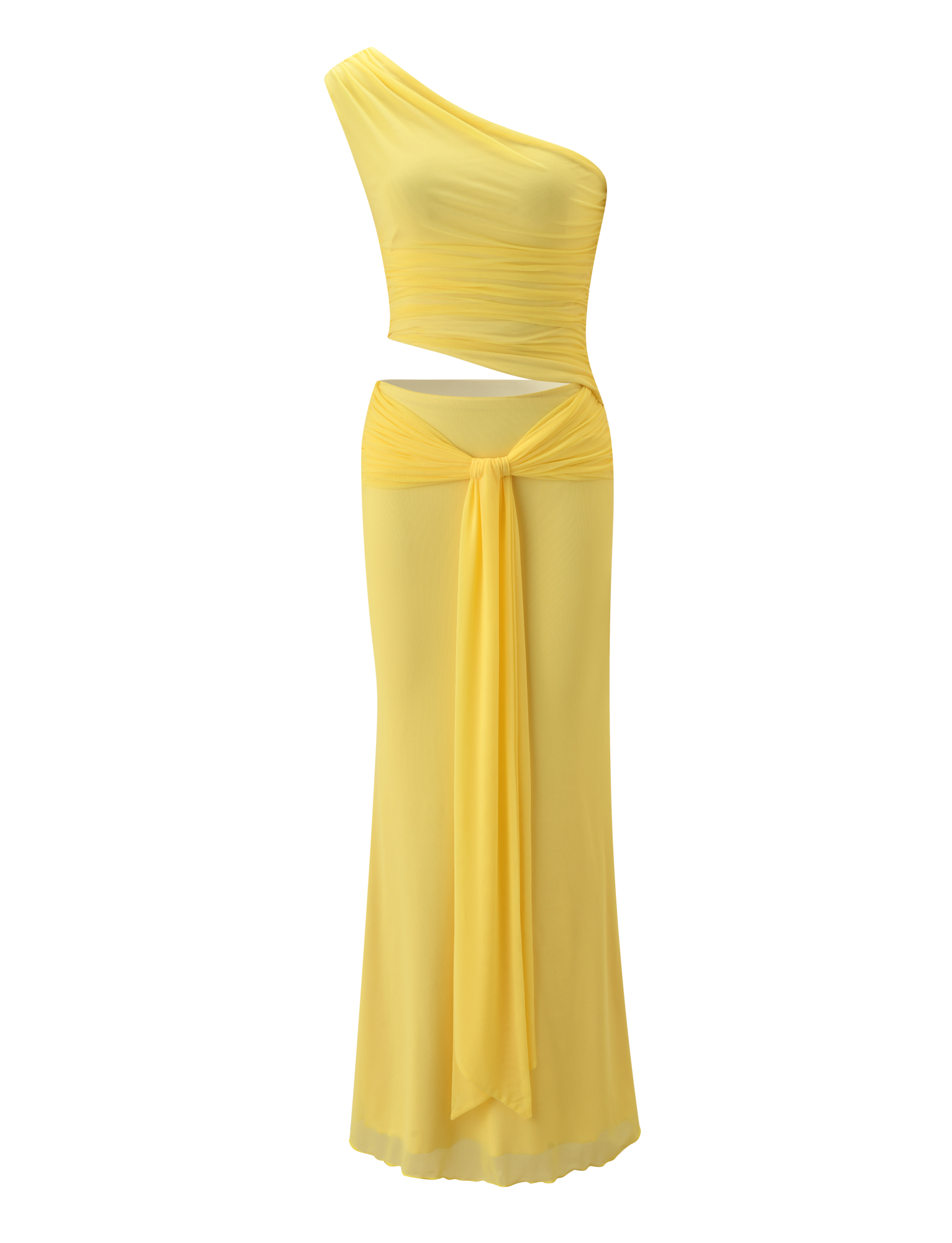 The TIGERMIST COBI 2.0 MAXI DRESS in butter yellow is an asymmetrical maxi with a ruched bodice, one-shoulder neckline, waist cutout, and draped front sash.