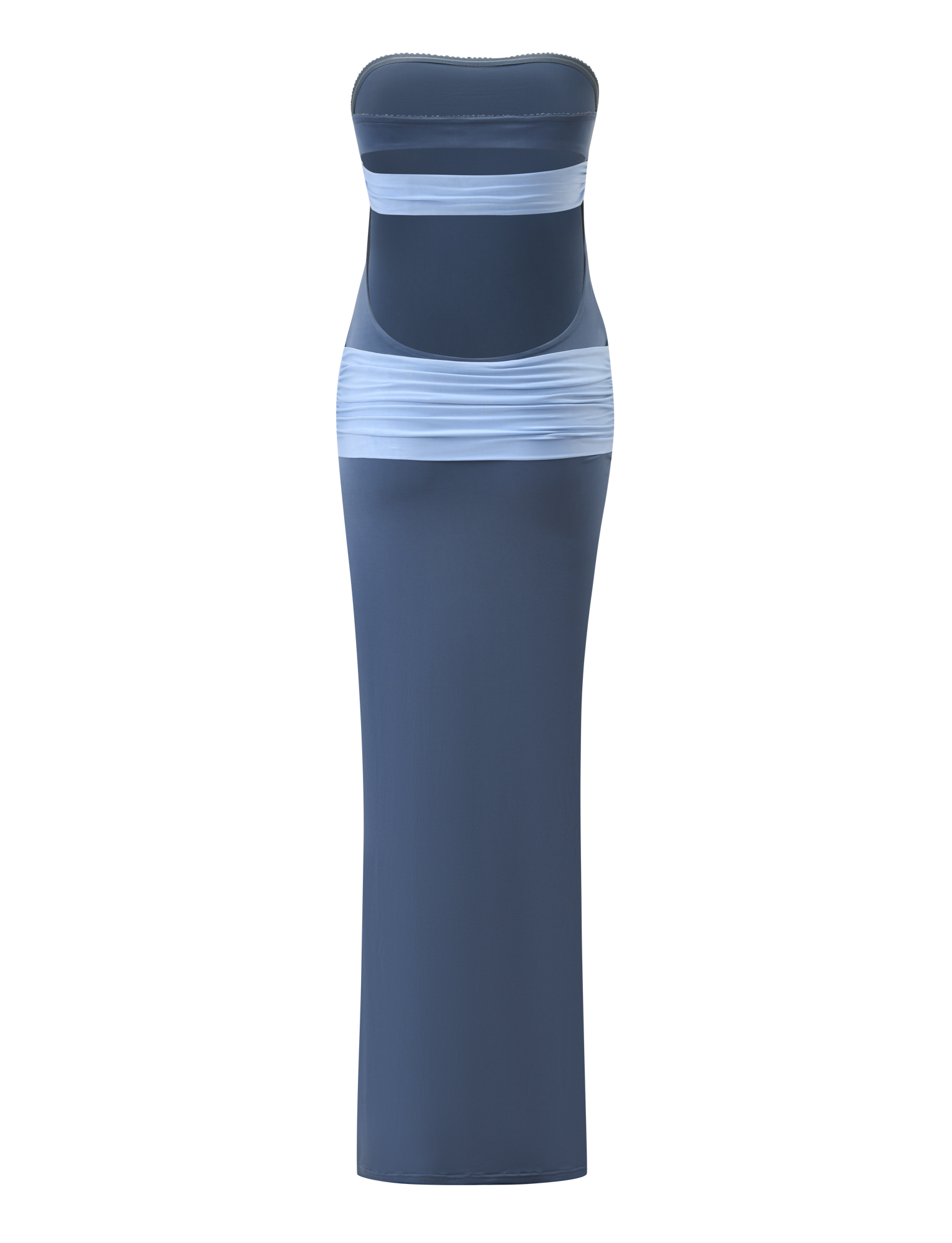 The TIGERMIST TOVE MAXI DRESS - BLUE is a strapless, dark blue fitted maxi dress with a sheer light blue waist band, shown against a plain white background.