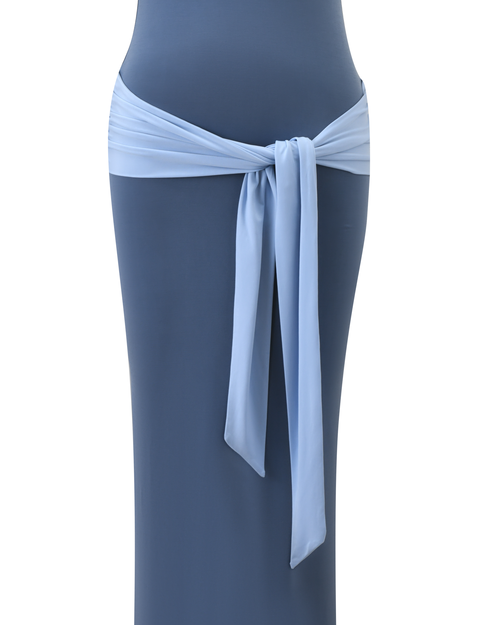 The TIGERMIST TOVE MAXI DRESS in blue features a close-up of its fitted silhouette, highlighted by a lighter blue sash knotted at the waist for a draped effect, set against a plain light-colored background.