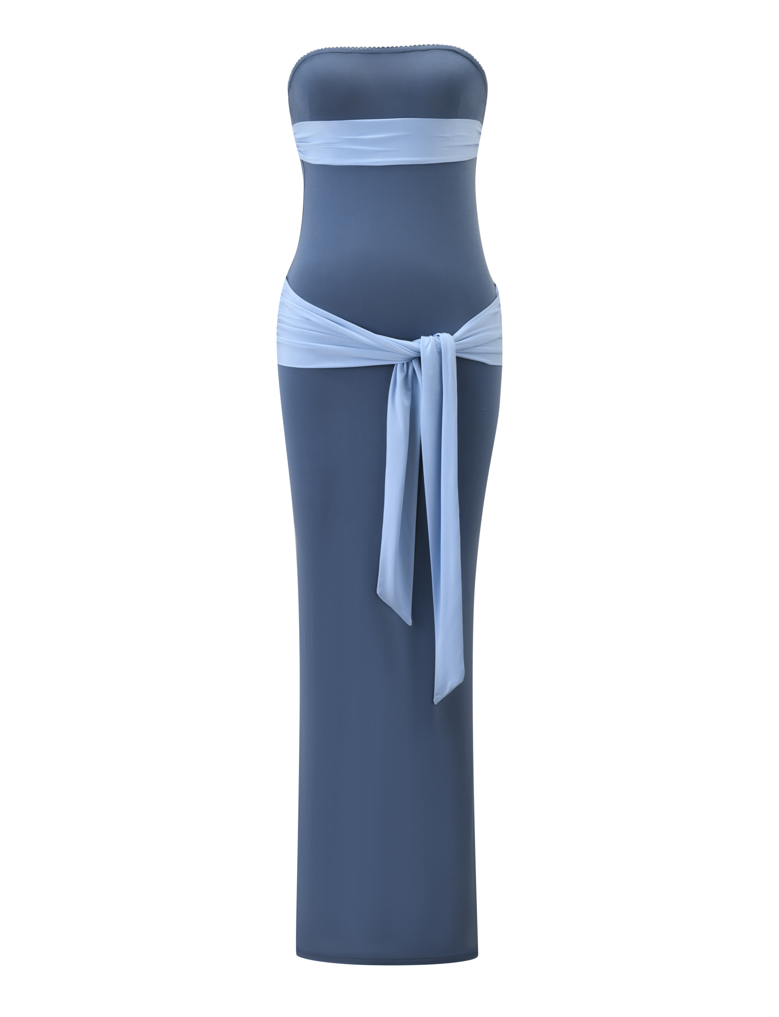The TIGERMIST TOVE MAXI DRESS in blue is a strapless, floor-length gown with a fitted silhouette, light blue top band, and a matching sash at the waist that flows down the front.