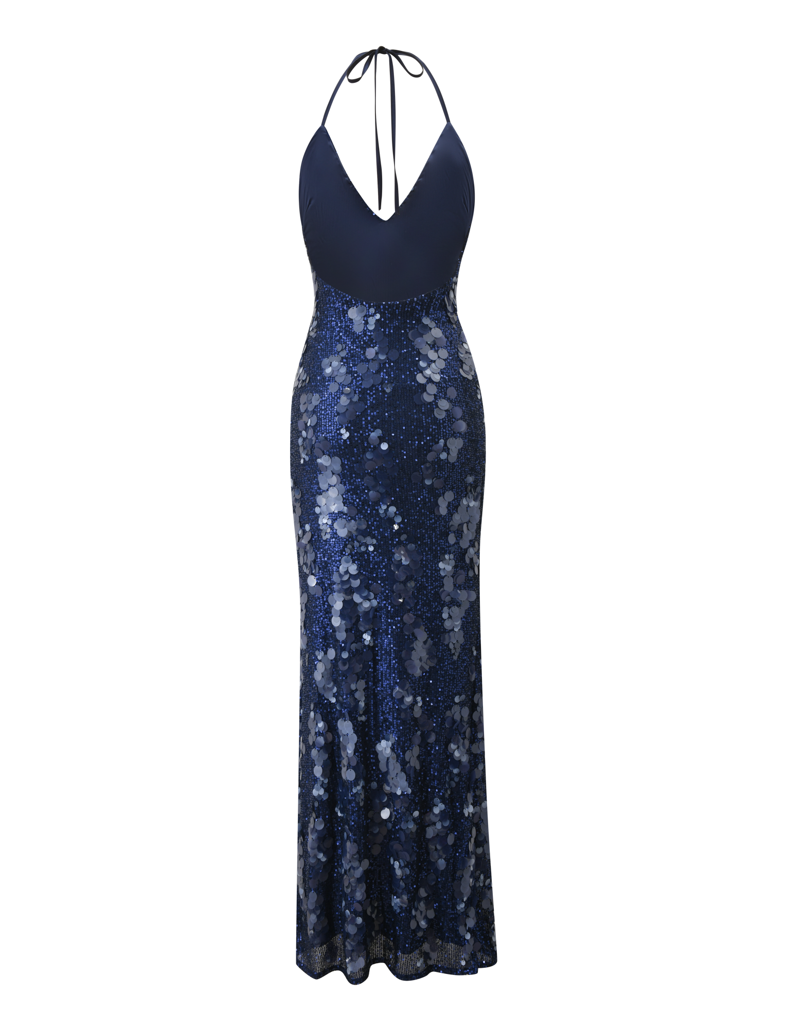 The ZANA MAXI DRESS - NAVY by TIGERMIST is a sleeveless, sequin halter-neck gown with a plunging V-neckline, fitted silhouette, and shimmering floor-length skirt.