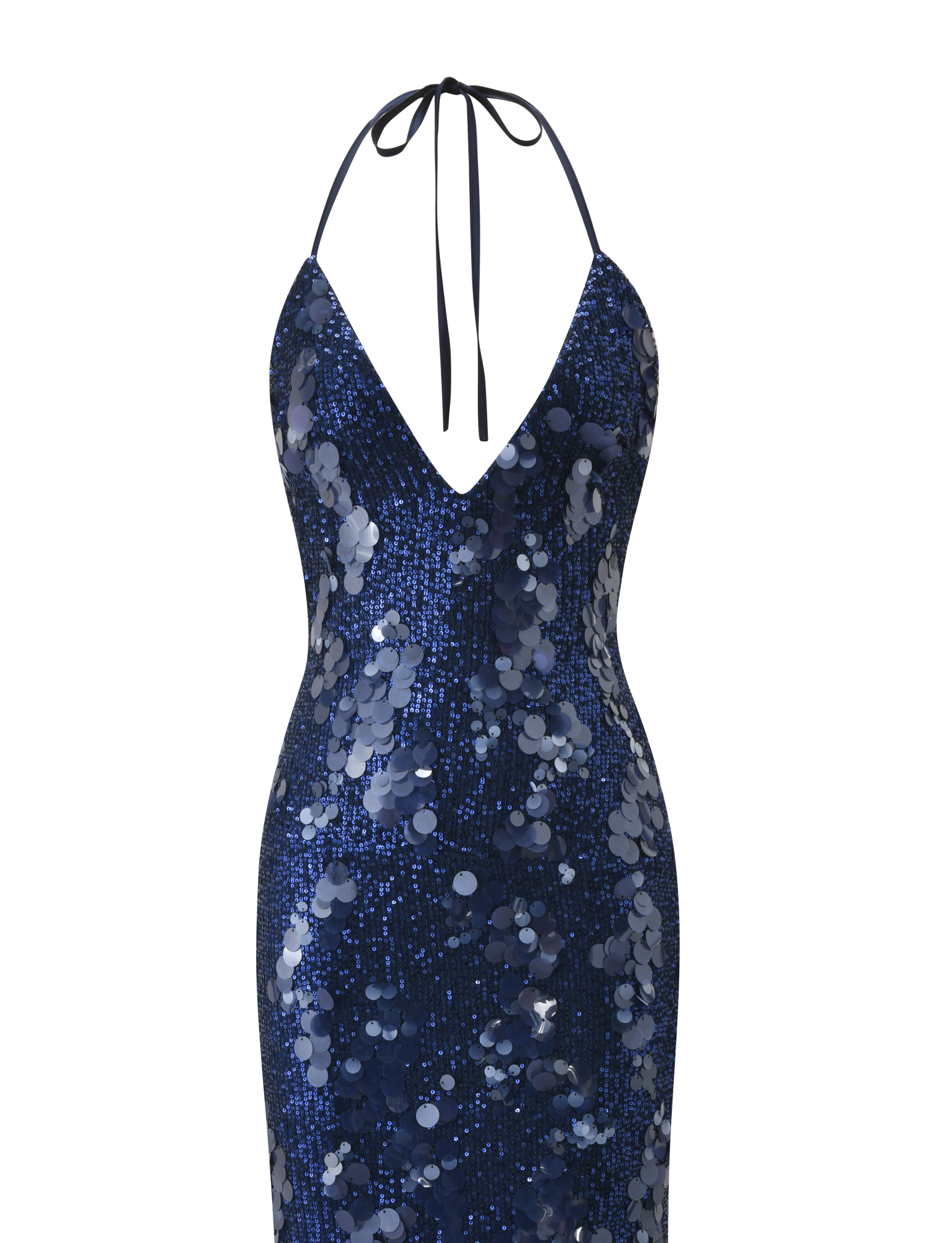 The ZANA MAXI DRESS - NAVY by TIGERMIST is a sleeveless sequin maxi dress with a plunging V-neckline, halter neck tie, and shiny circular sequin details.