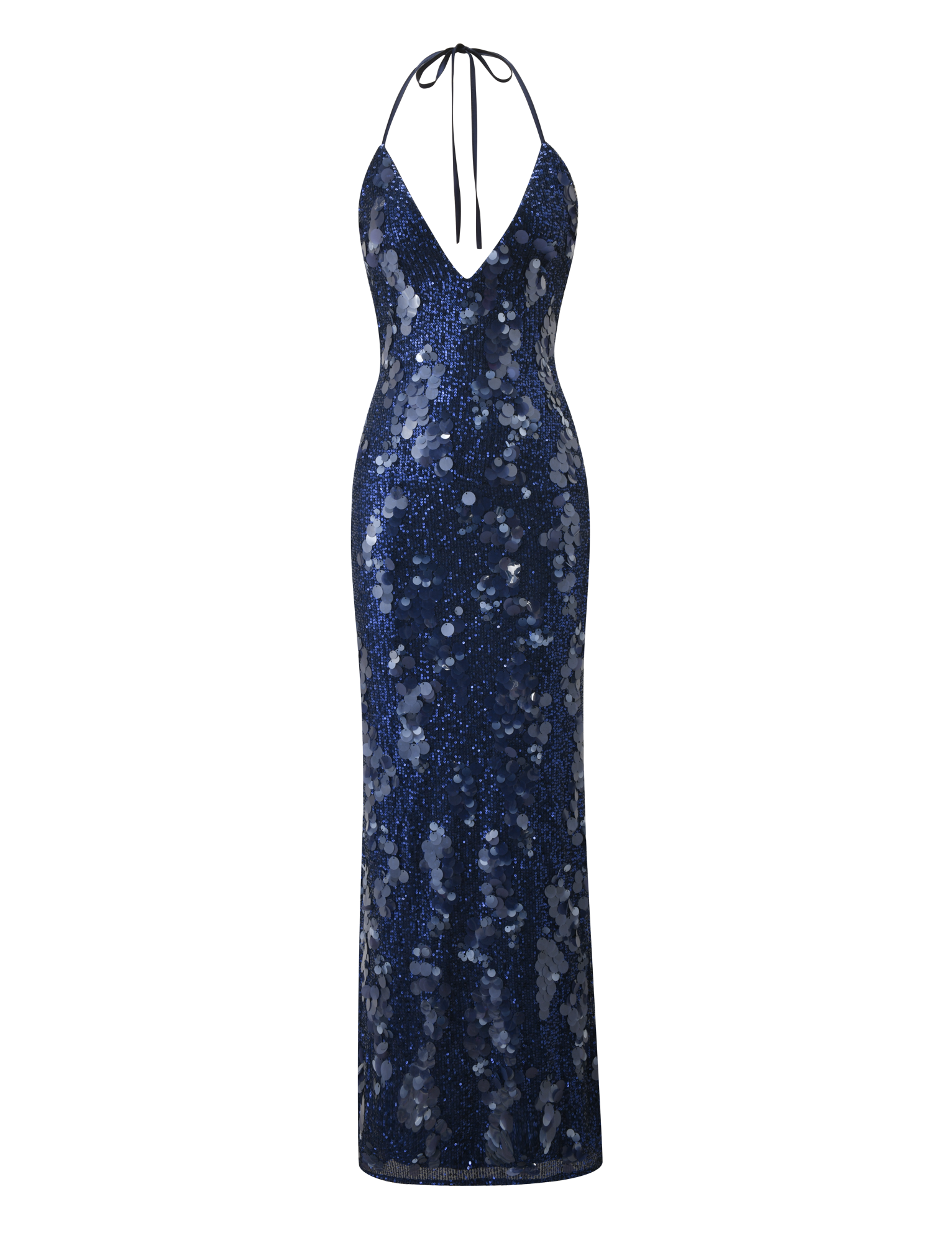 The TIGERMIST ZANA MAXI DRESS - NAVY is a sleeveless, fitted maxi dress featuring shimmering sequins, a plunging V-neckline, and thin halter neck ties—perfect for standout style at any evening event.