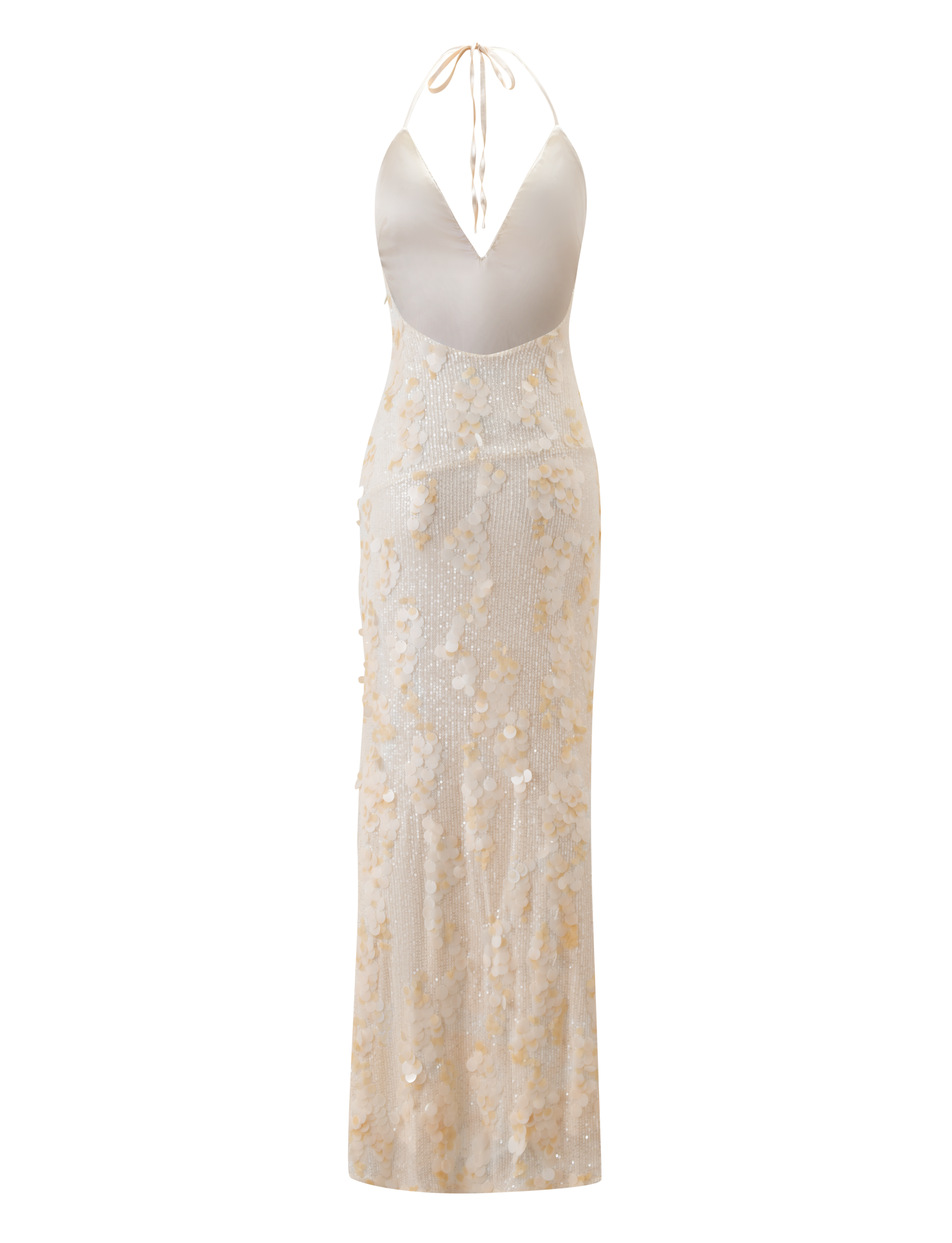 The TIGERMIST ZANA MAXI DRESS - PEARL is a sleeveless, floor-length cream sequin halter dress with a plunging neckline and sheer embellished skirt adorned with floral appliqué and shimmering sequins.