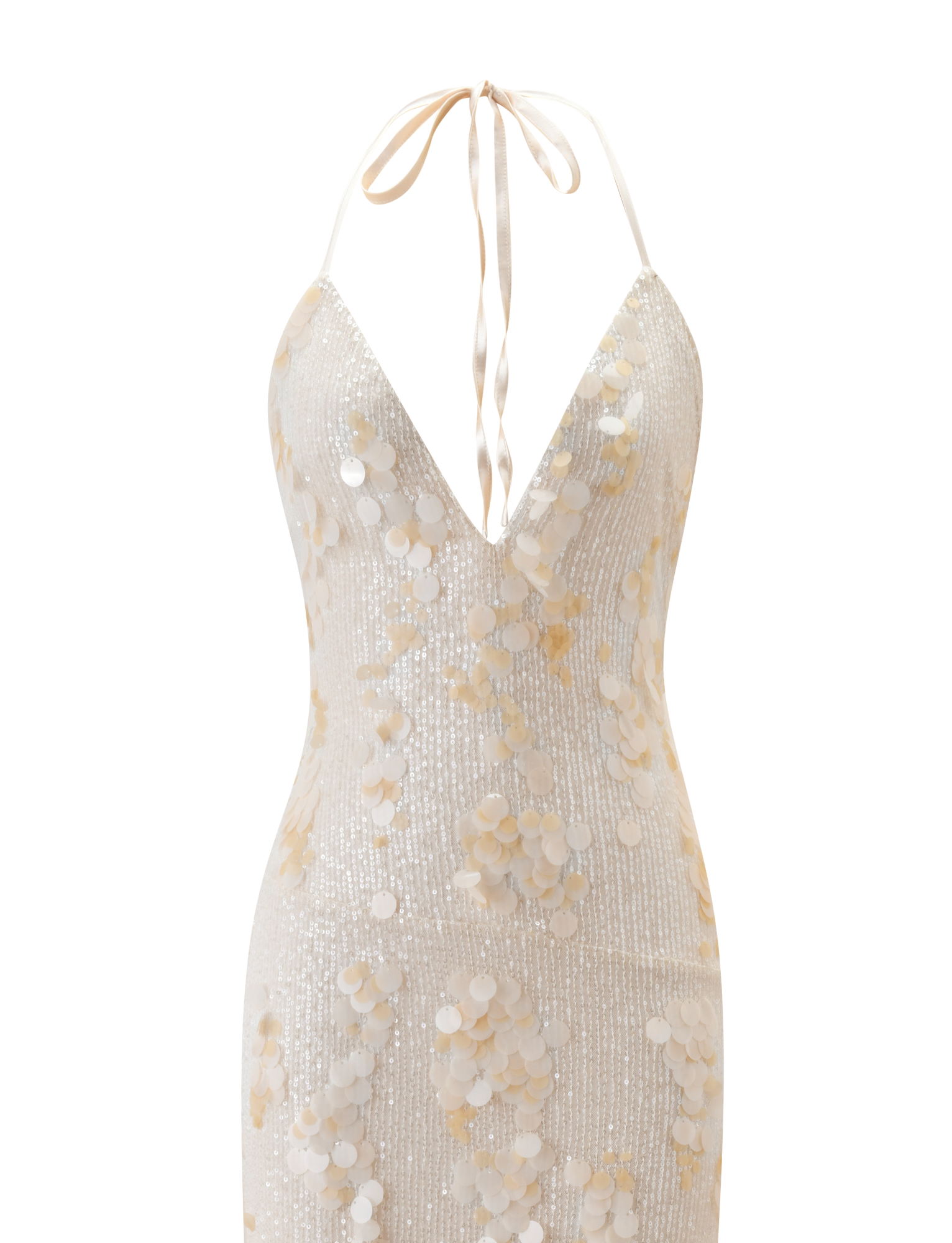 The ZANA MAXI DRESS - PEARL by TIGERMIST features a deep V-neckline, halter tie straps, and shimmering sequins with large iridescent paillettes on sheer, lightweight fabric.