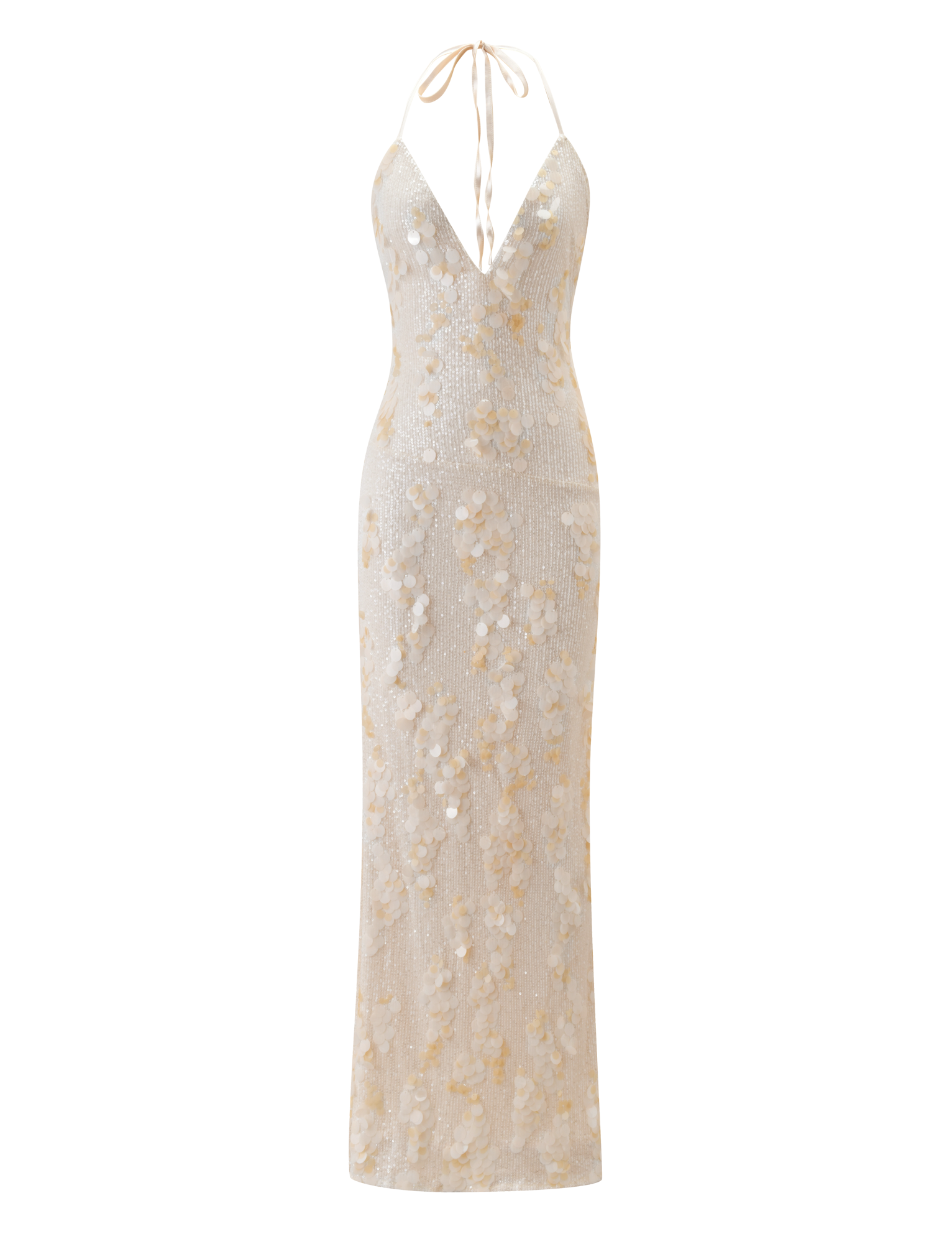 The ZANA MAXI DRESS - PEARL by TIGERMIST is a cream maxi dress with a white base, embellished with shimmering sequins for a stunning, elegant look.