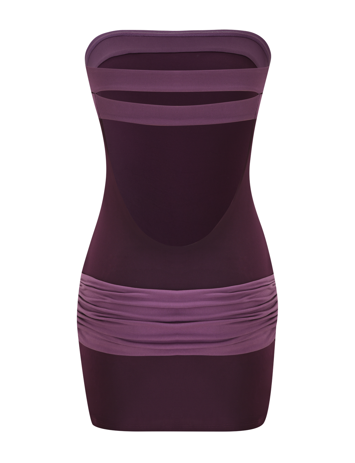A strapless neckline enhances the form-fitting TIGERMIST EOS MINI DRESS in aubergine and iris, with sheer cutout bands at the neckline and midsection plus hip ruching, shown against a plain white background.