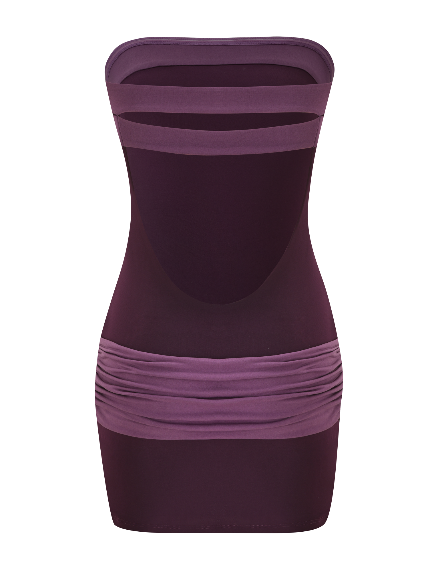 A strapless neckline enhances the form-fitting TIGERMIST EOS MINI DRESS in aubergine and iris, with sheer cutout bands at the neckline and midsection plus hip ruching, shown against a plain white background.