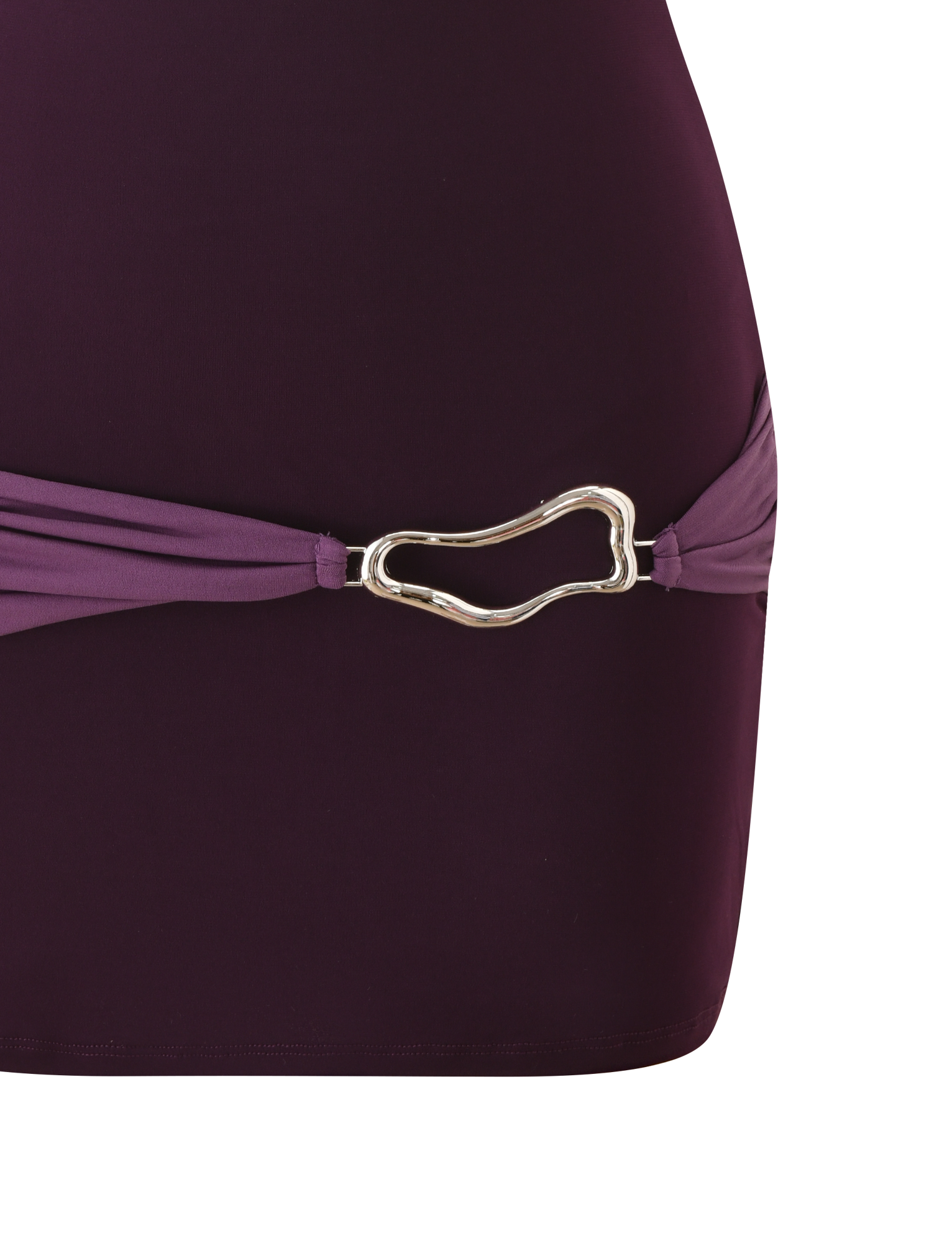 Close-up of the TIGERMIST EOS MINI DRESS in aubergine and iris, featuring dark and light purple color blocking, hip gathering, and a gold irregular-shaped metal buckle. Set against a white background.