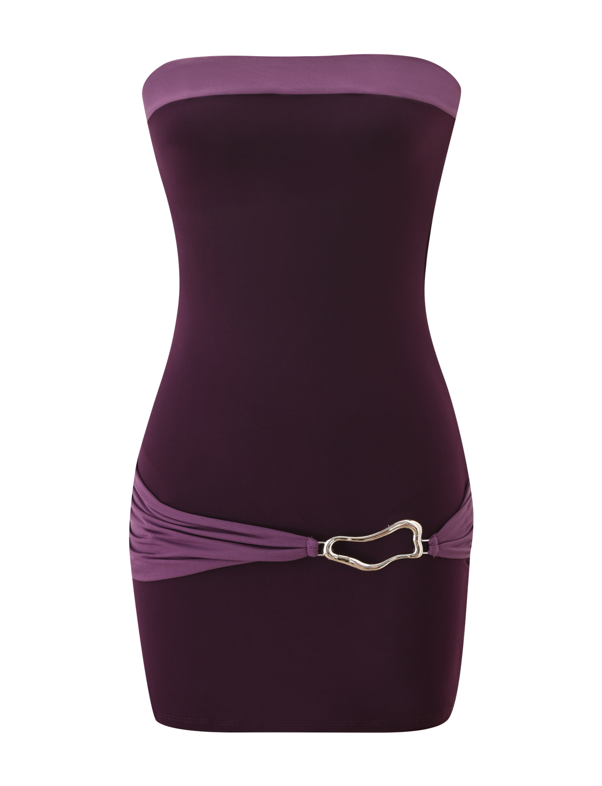 The TIGERMIST EOS MINI DRESS in Aubergine and Iris is a colour-blocked, strapless mini dress with a form-fitting silhouette, lighter purple banded top, gathered hips, and a metallic side clasp detail.