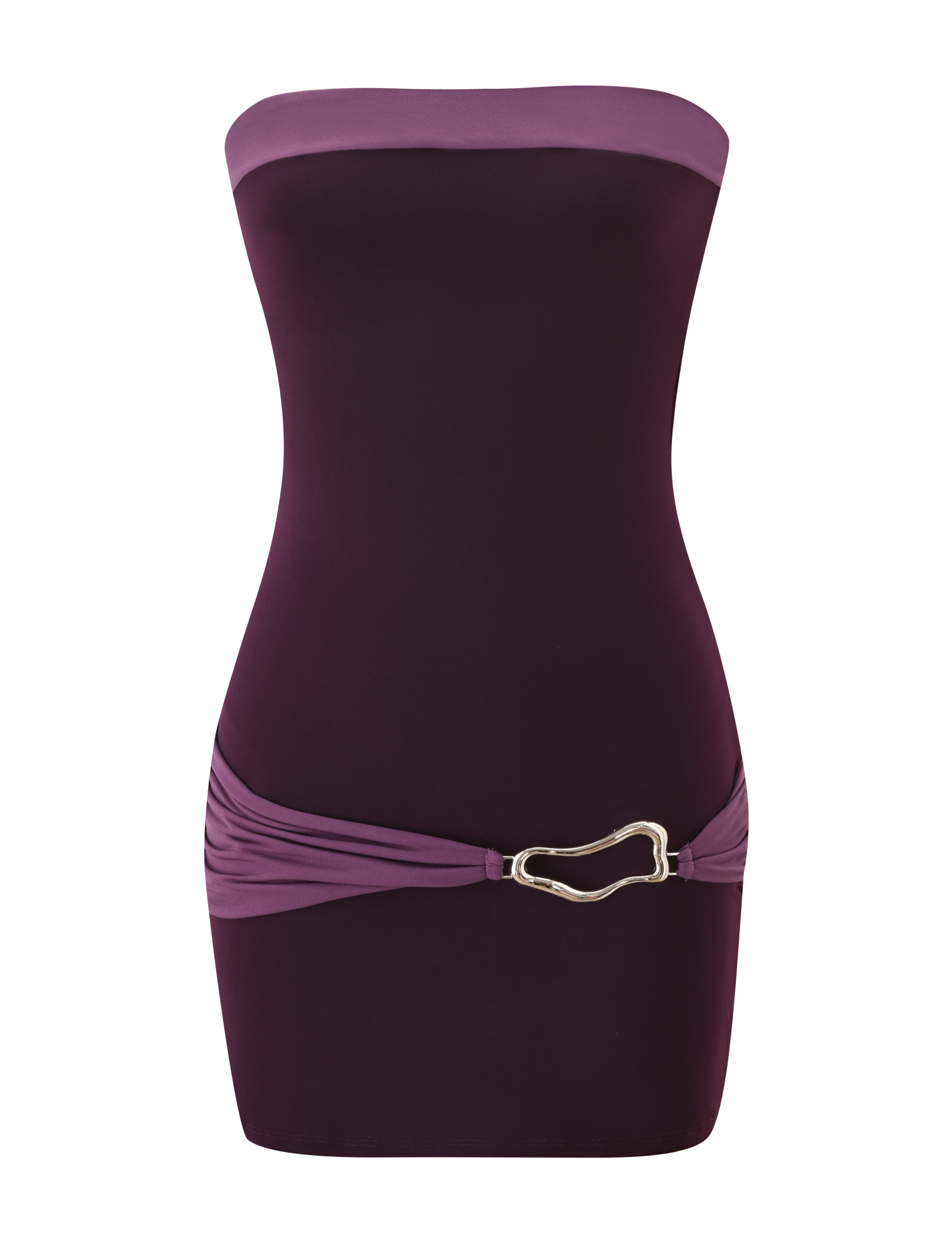 The TIGERMIST EOS MINI DRESS in Aubergine and Iris is a colour-blocked, strapless mini dress with a form-fitting silhouette, lighter purple banded top, gathered hips, and a metallic side clasp detail.