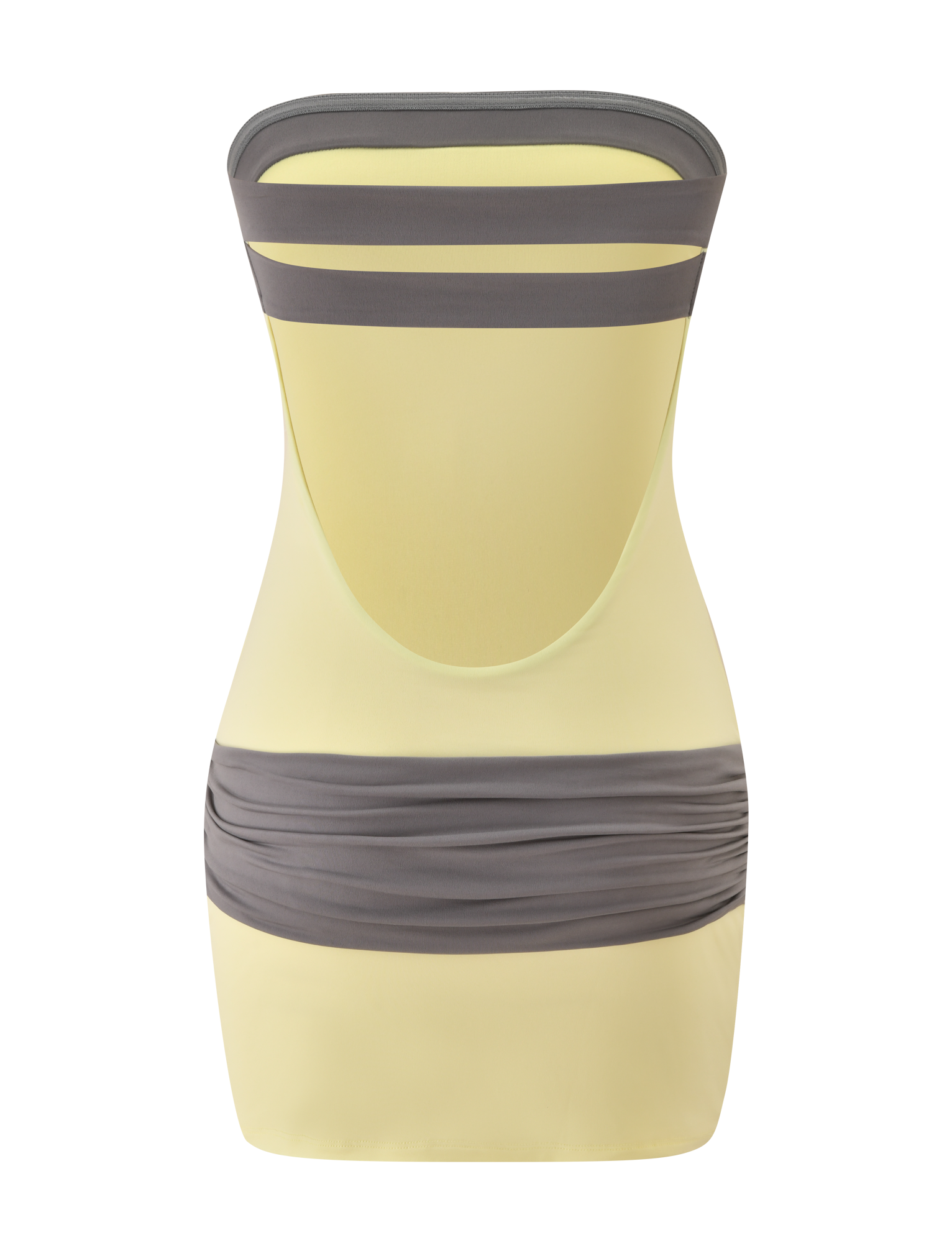 Back view of the TIGERMIST EOS MINI DRESS in butter yellow and grey: a strapless mini featuring wide grey bands across the upper back and waist for a fitted, stylish look.