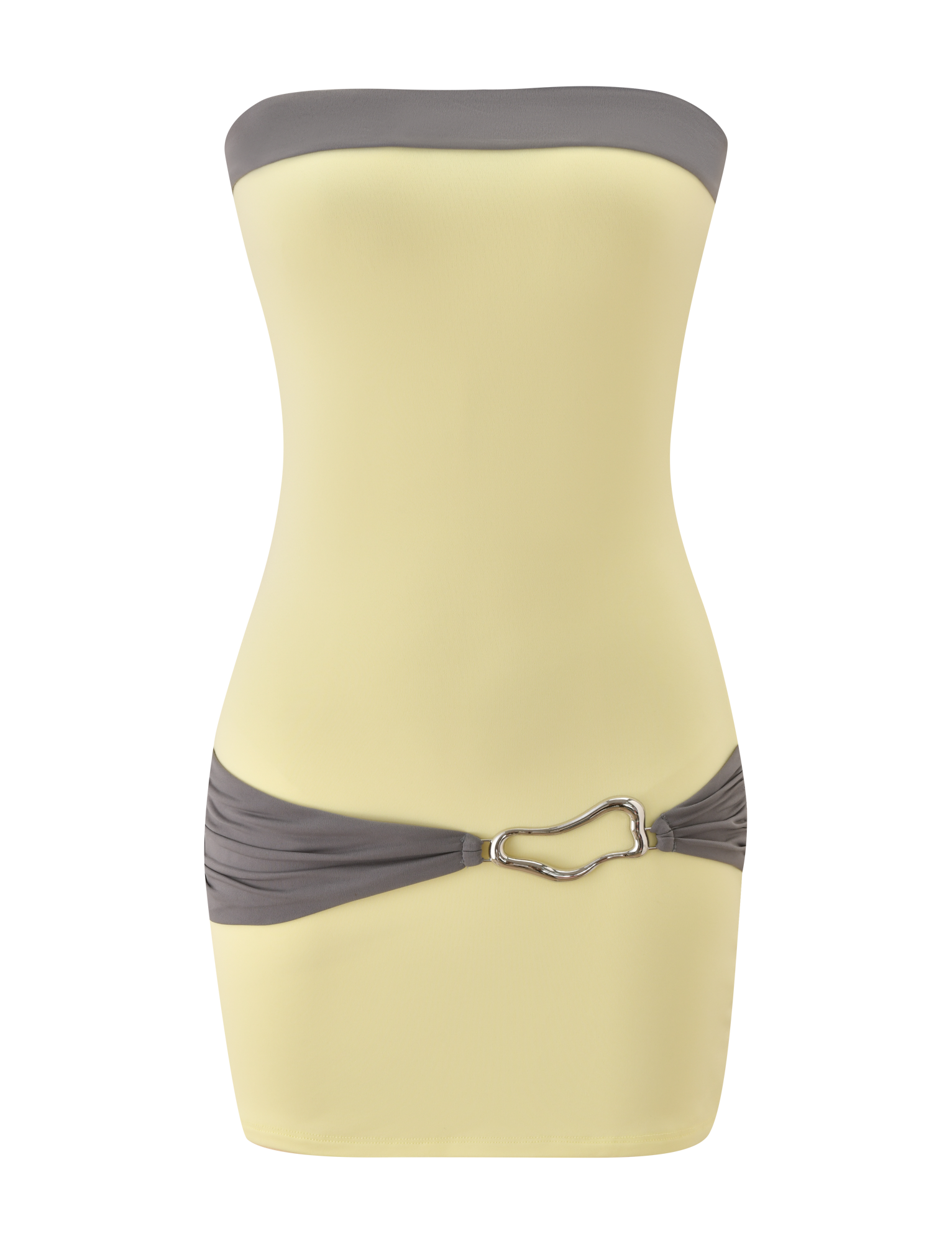 The EOS MINI DRESS by TIGERMIST features a strapless butter yellow and grey design with a silver hip clasp—an elegant colour-blocked mini dress for any occasion.
