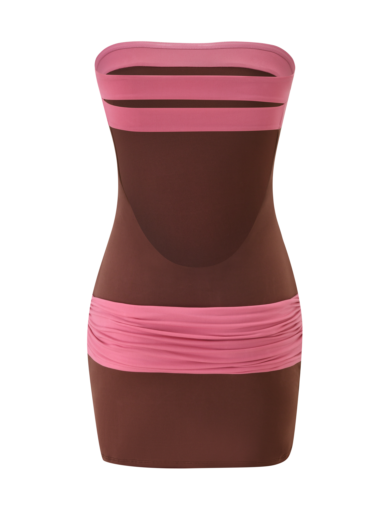 The TIGERMIST EOS MINI DRESS in Espresso and Rose is a strapless, form-fitting style with sheer brown fabric, solid pink bands at the top and hips, and two horizontal cutouts near the bust.