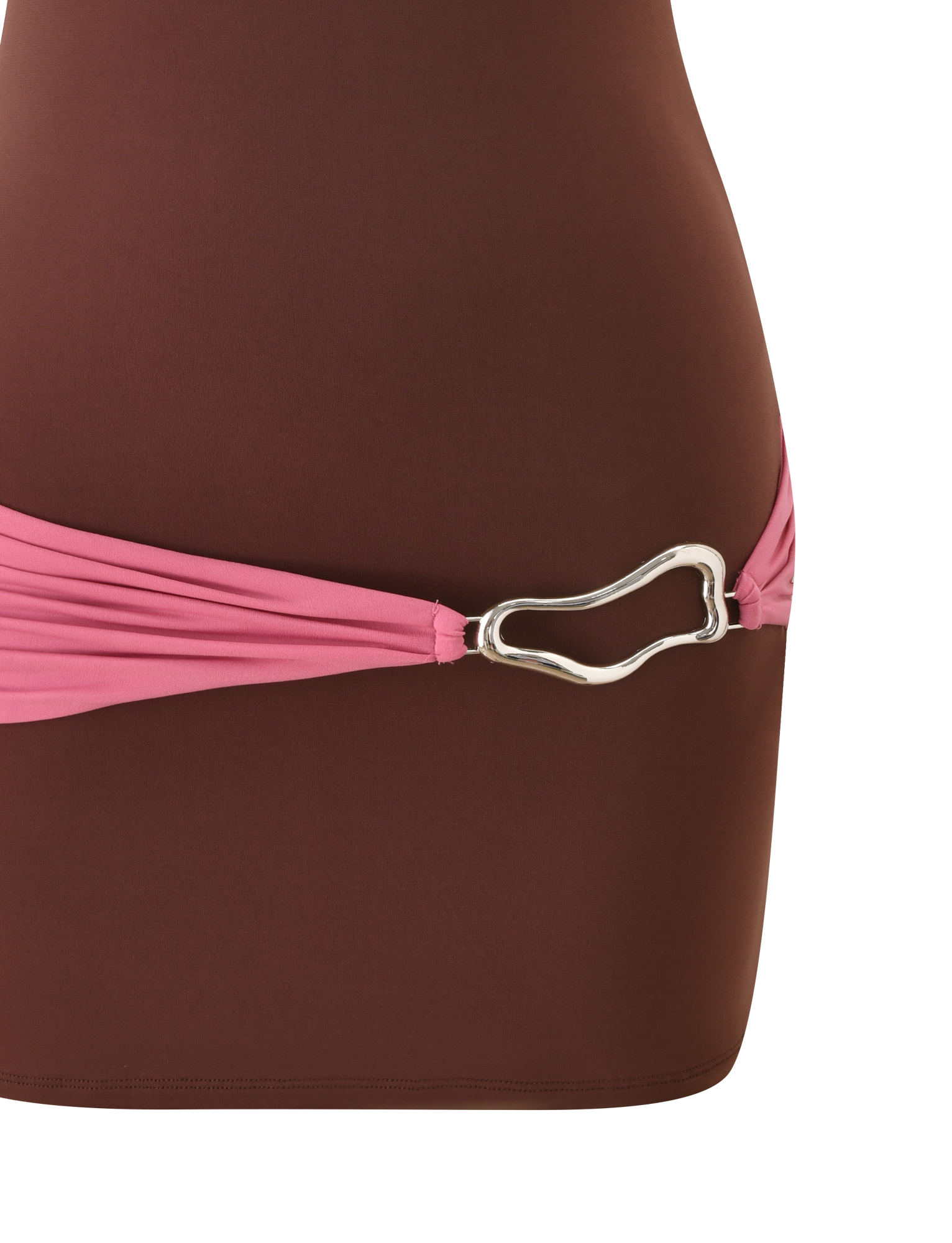 The TIGERMIST EOS MINI DRESS in Espresso and Rose features colour blocking with a pink fabric belt at the hip, finished with a large silver abstract buckle.
