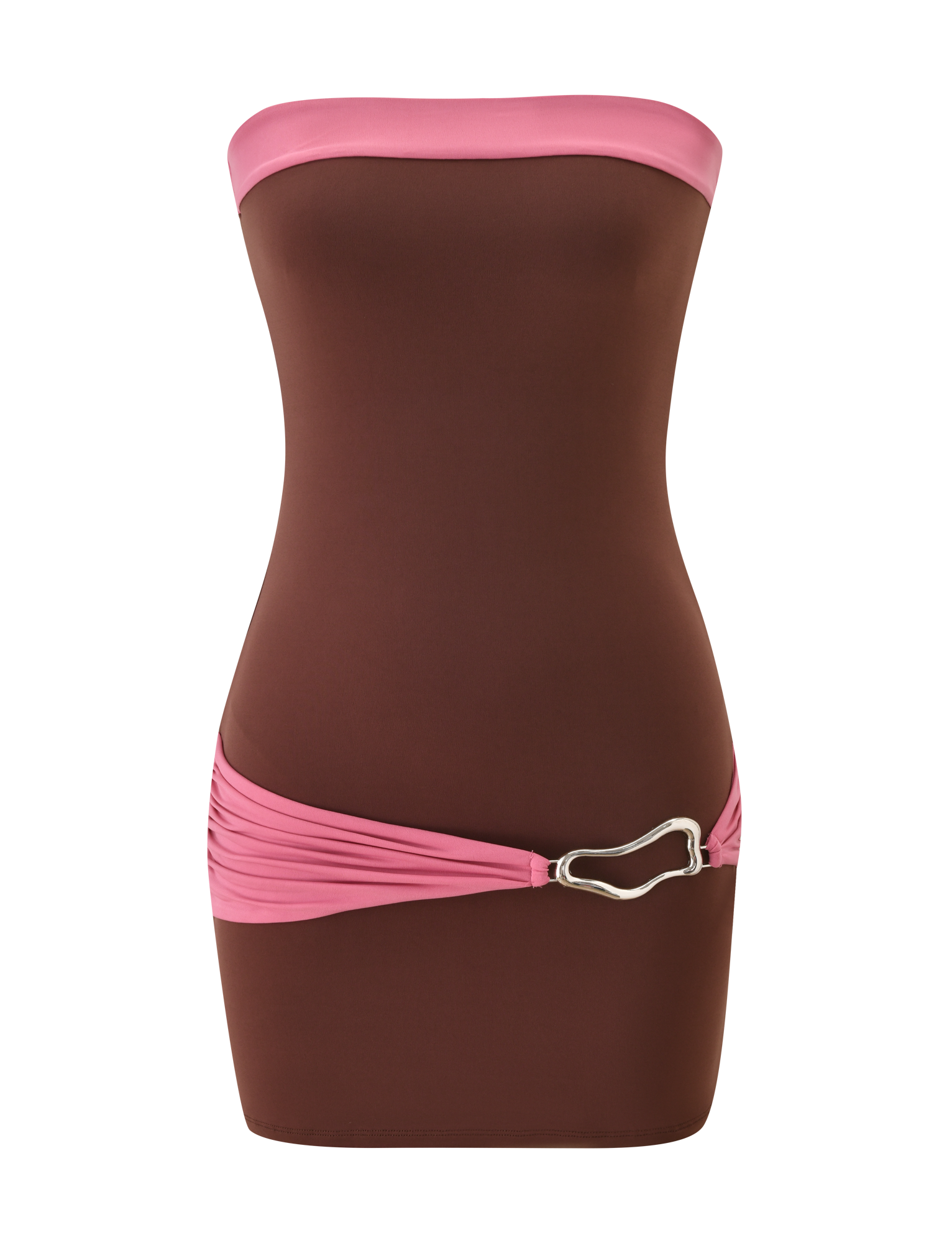 The EOS MINI DRESS by TIGERMIST features a strapless espresso mini silhouette with a rose color-blocked top band, ruched hip sash, and a metallic abstract buckle on the left side.