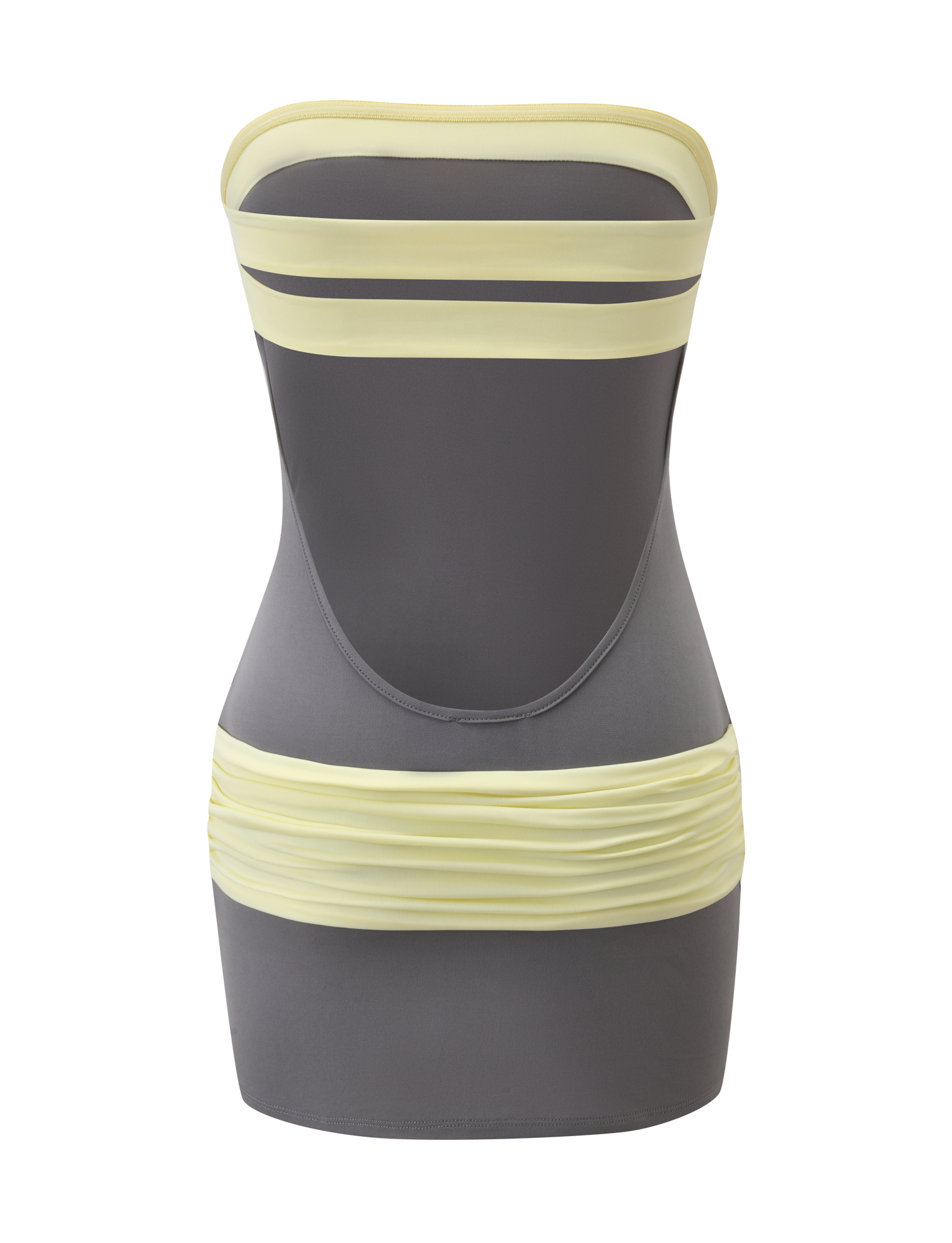 The TIGERMIST EOS MINI DRESS is a strapless, form-fitting mini dress in grey with pale yellow horizontal bands at the chest and waist, featuring an open back design.