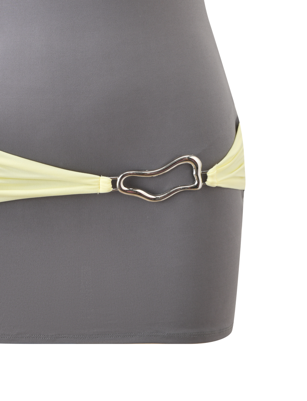 Close-up of the TIGERMIST EOS MINI DRESS in grey and yellow, showcasing a yellow strap with a silver abstract buckle at the hip against a plain light background.