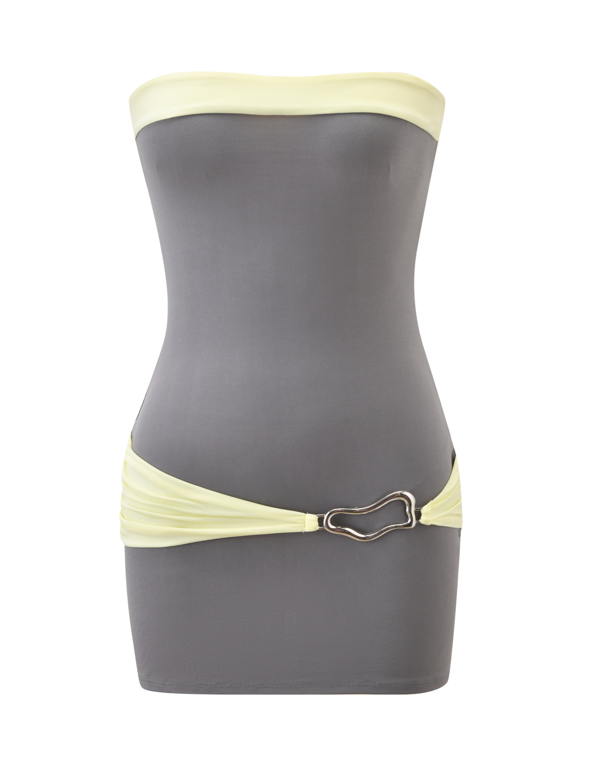 The TIGERMIST EOS MINI DRESS in grey and yellow is a strapless, color-blocked mini with a pale yellow trim, draped hip belt, open back, and a silver stylized butterfly buckle.