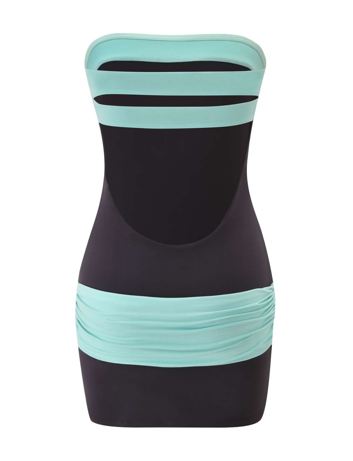 The TIGERMIST EOS MINI DRESS in Midnight and Aqua is a strapless, black color block mini dress with light blue bands at the top and waist, featuring cutout details and ruched sides, displayed on a white background.