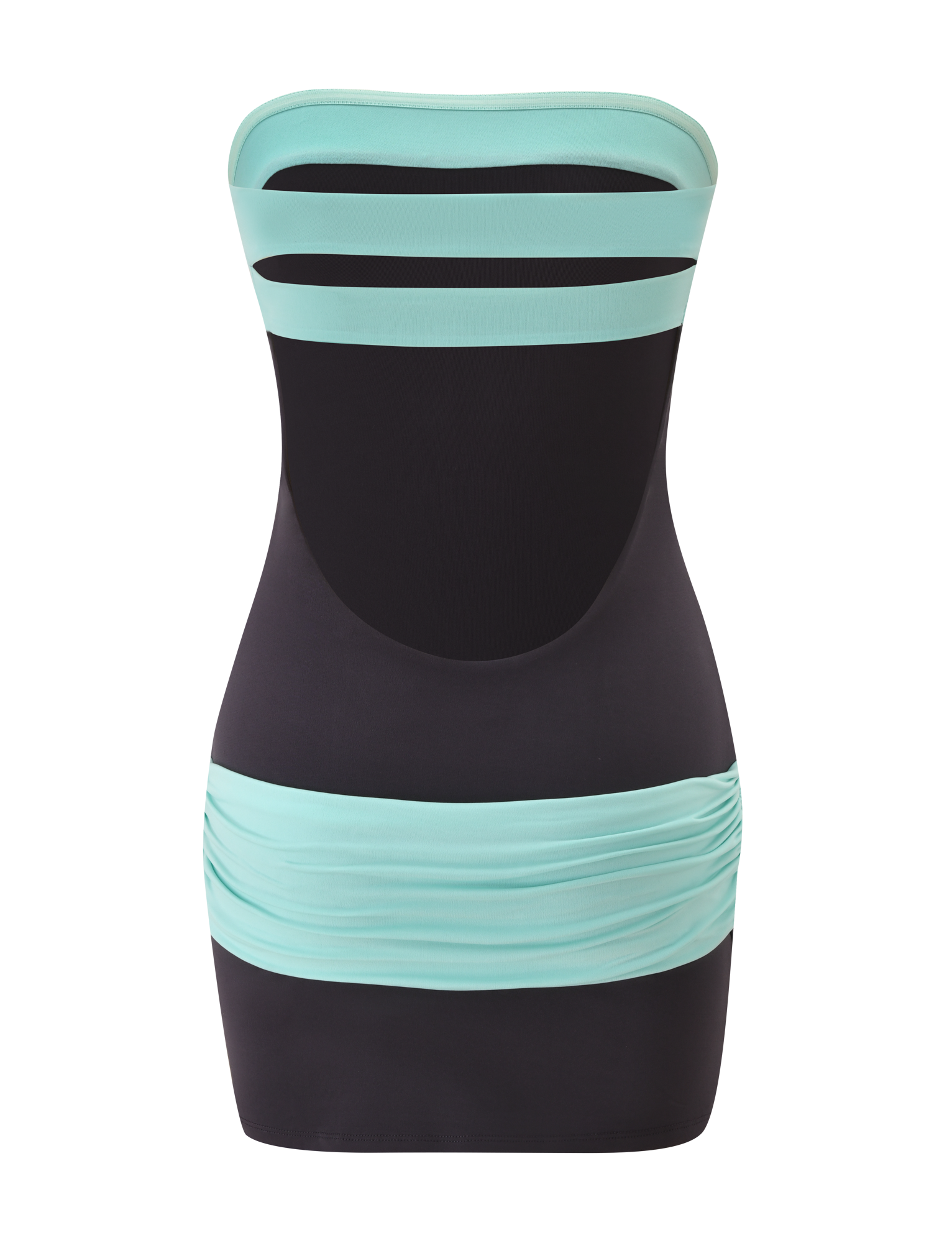 The TIGERMIST EOS MINI DRESS in Midnight and Aqua is a strapless, black color block mini dress with light blue bands at the top and waist, featuring cutout details and ruched sides, displayed on a white background.