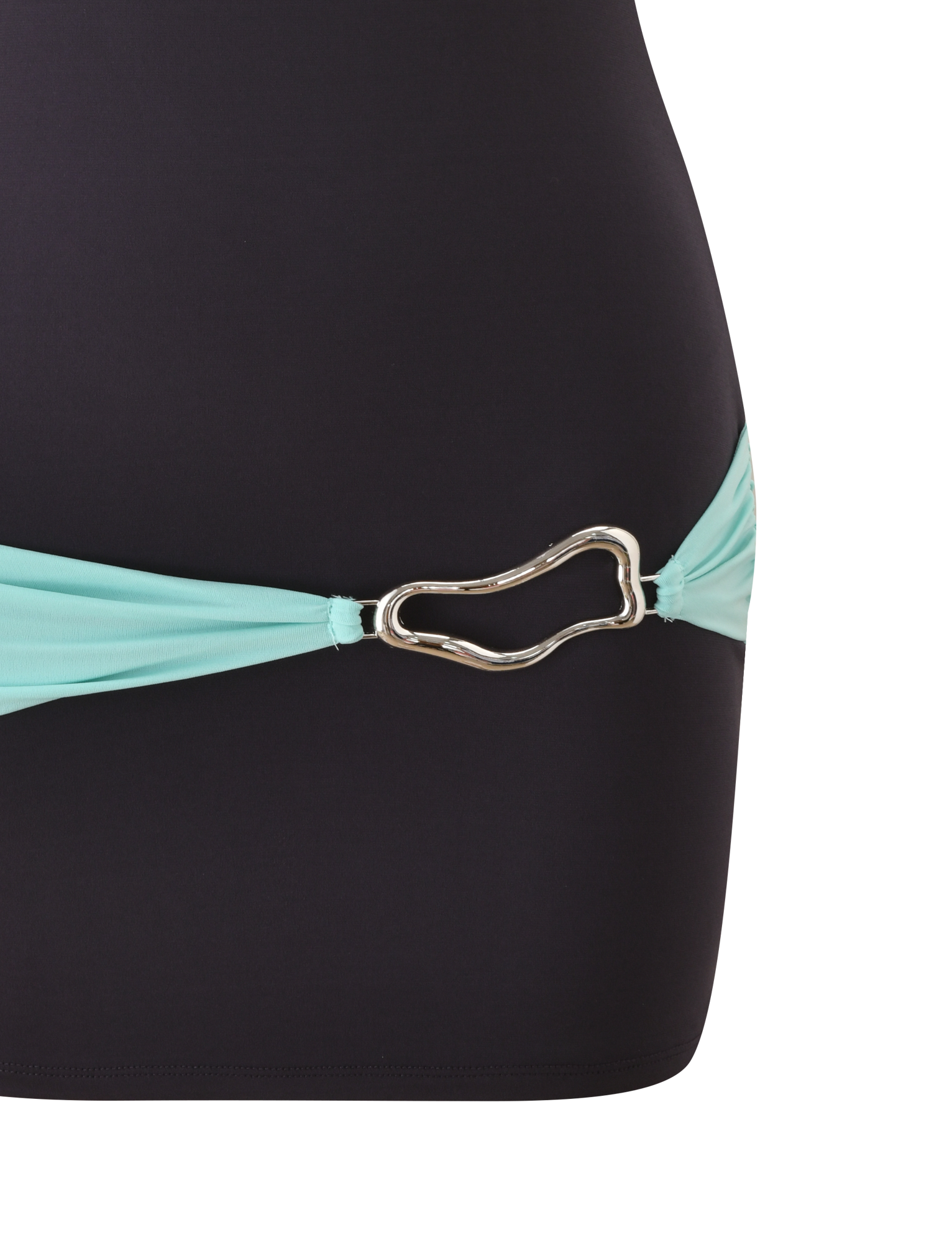 Close-up of the TIGERMIST EOS MINI DRESS in Midnight and Aqua, showcasing bold color blocking with a black body and light blue hip accent, joined by a decorative metallic buckle.