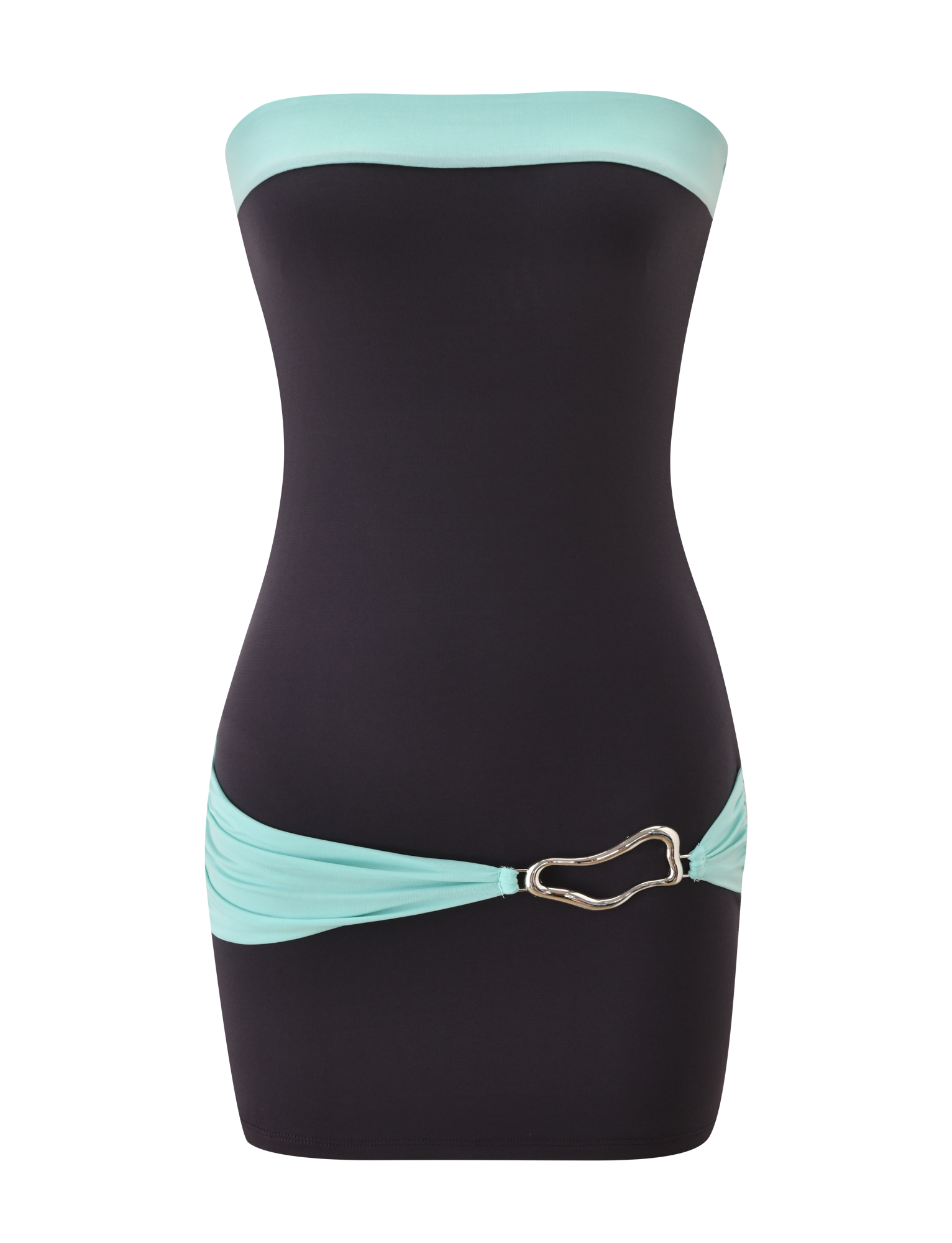 The EOS MINI DRESS by TIGERMIST features a strapless black mini silhouette with a light blue top band, matching ruched belt, and gold buckle for bold color-blocked style.
