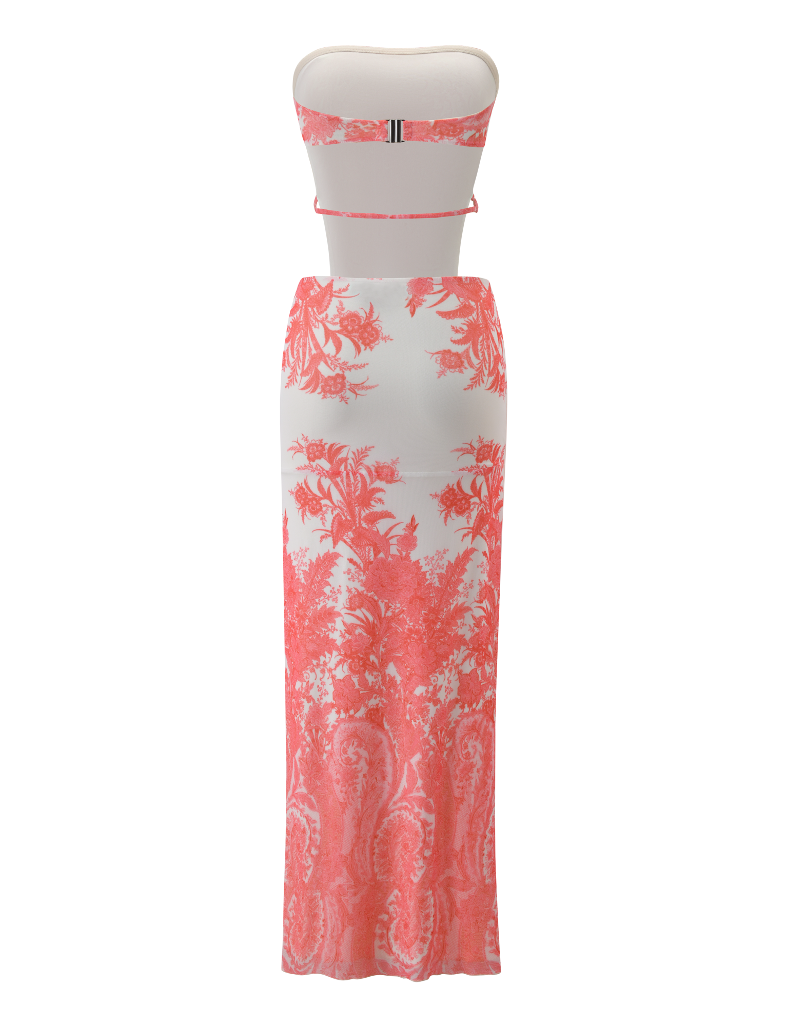 The POPPI MAXI DRESS - CORAL TAPESTRY by TIGERMIST features a strapless neckline, form-fitting silhouette, bandeau-style top, thin back strap, and a pink and white floral pattern with a decorative stripe.