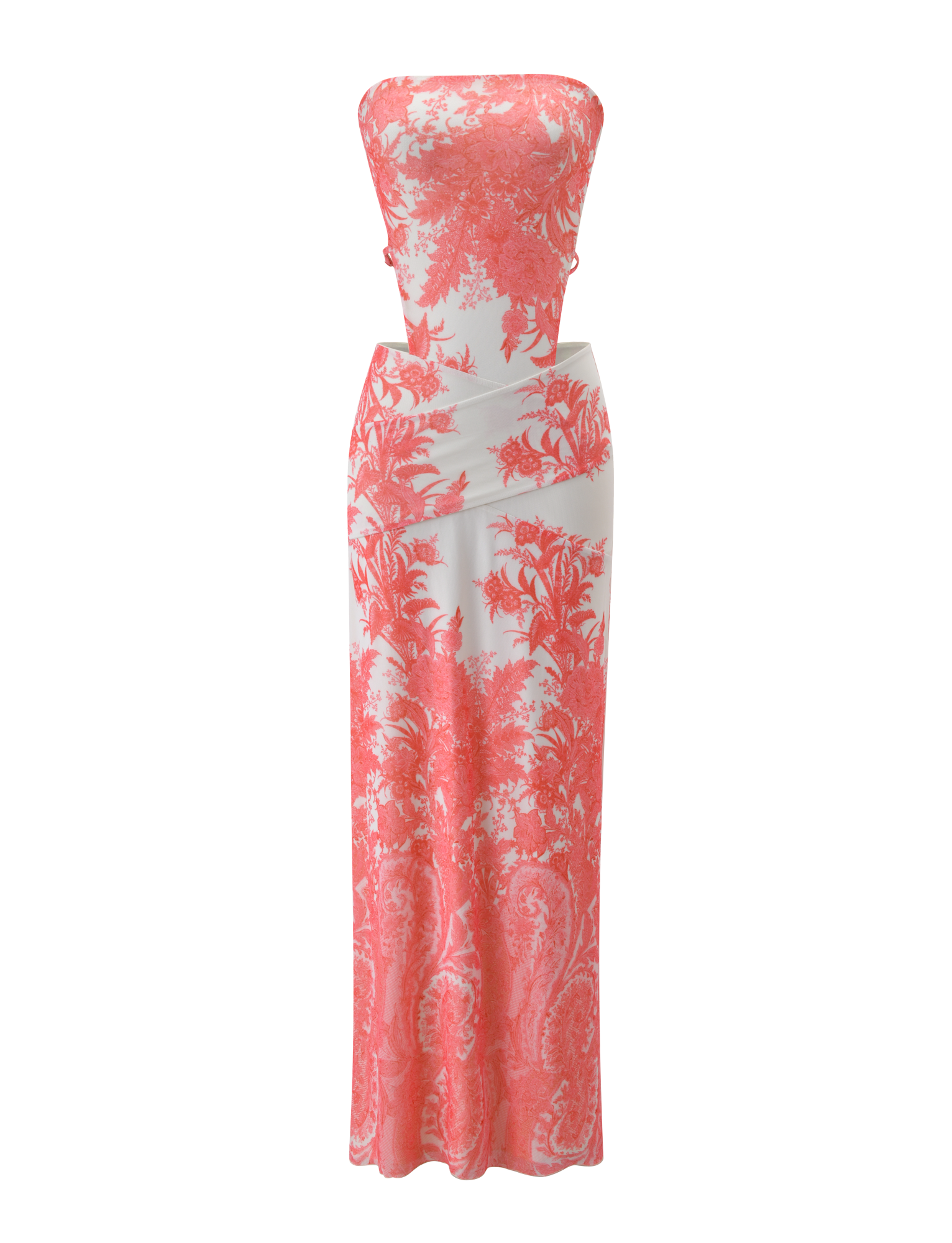 The POPPI MAXI DRESS - CORAL TAPESTRY by TIGERMIST is a strapless white maxi dress with a fitted bodice and coral tapestry print, featuring a long, straight silhouette for an elegant and sophisticated look.