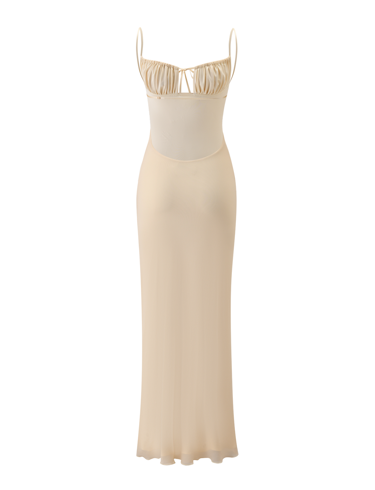 The OPHELIA MAXI DRESS by TIGERMIST features adjustable straps, a fitted bodice with gathered detailing, and a sheer, flowing skirt. This cream, sleeveless maxi dress offers minimalist elegance and timeless charm.