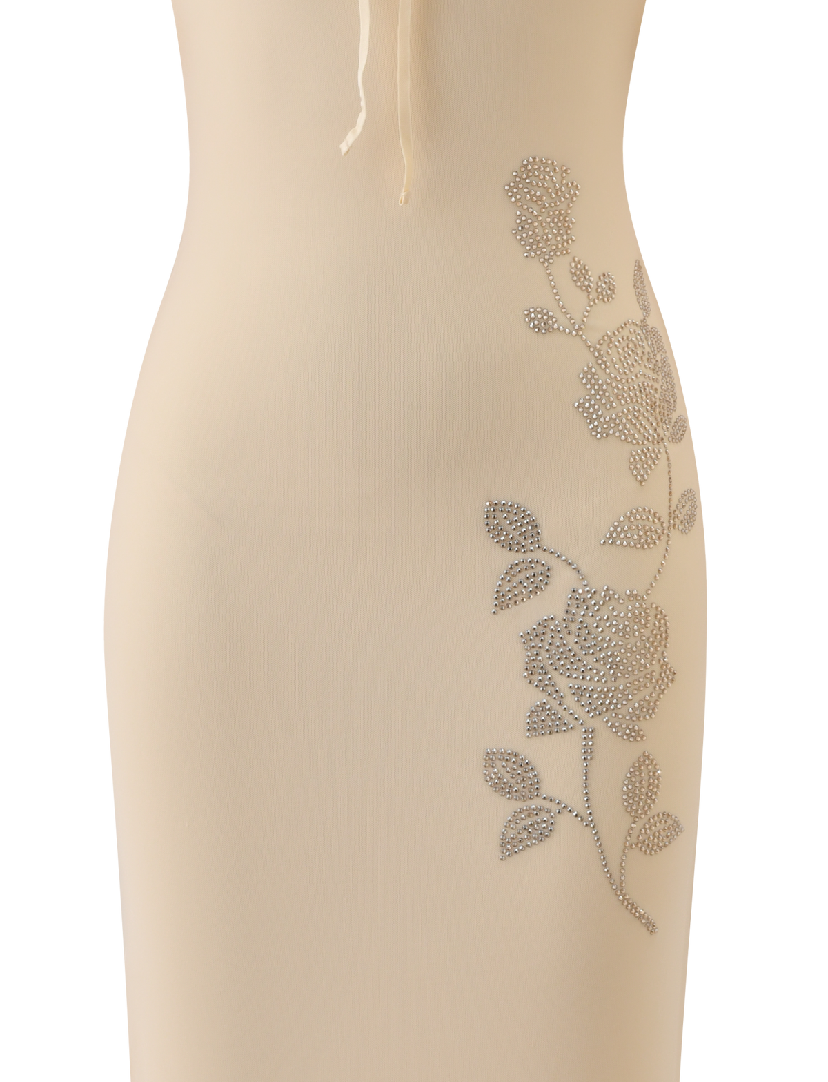 A close-up of the TIGERMIST OPHELIA MAXI DRESS in cream, showcasing adjustable straps and a sparkling rhinestone floral embellishment with detailed roses and leaves on the side.