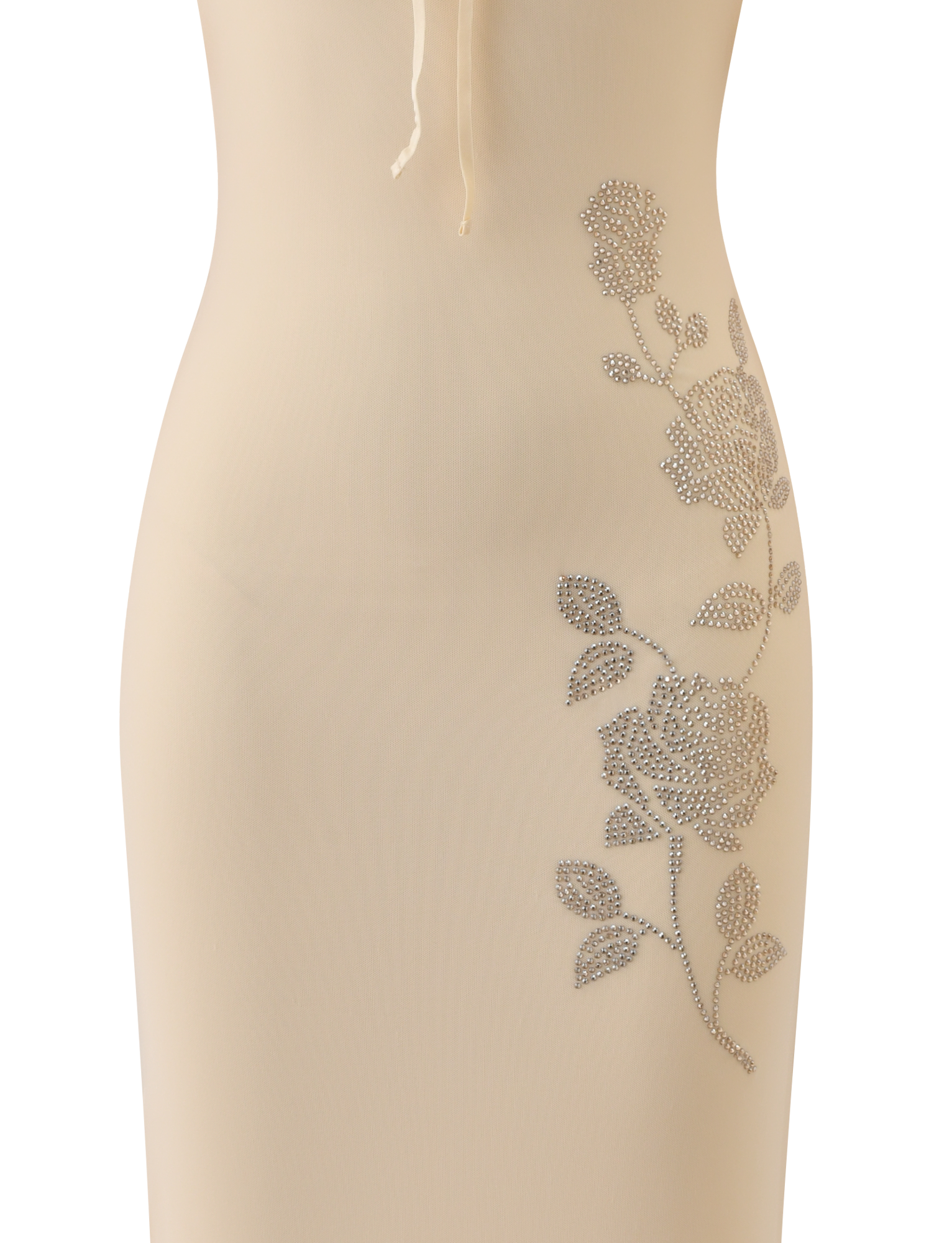 A close-up of the TIGERMIST OPHELIA MAXI DRESS in cream, showcasing adjustable straps and a sparkling rhinestone floral embellishment with detailed roses and leaves on the side.