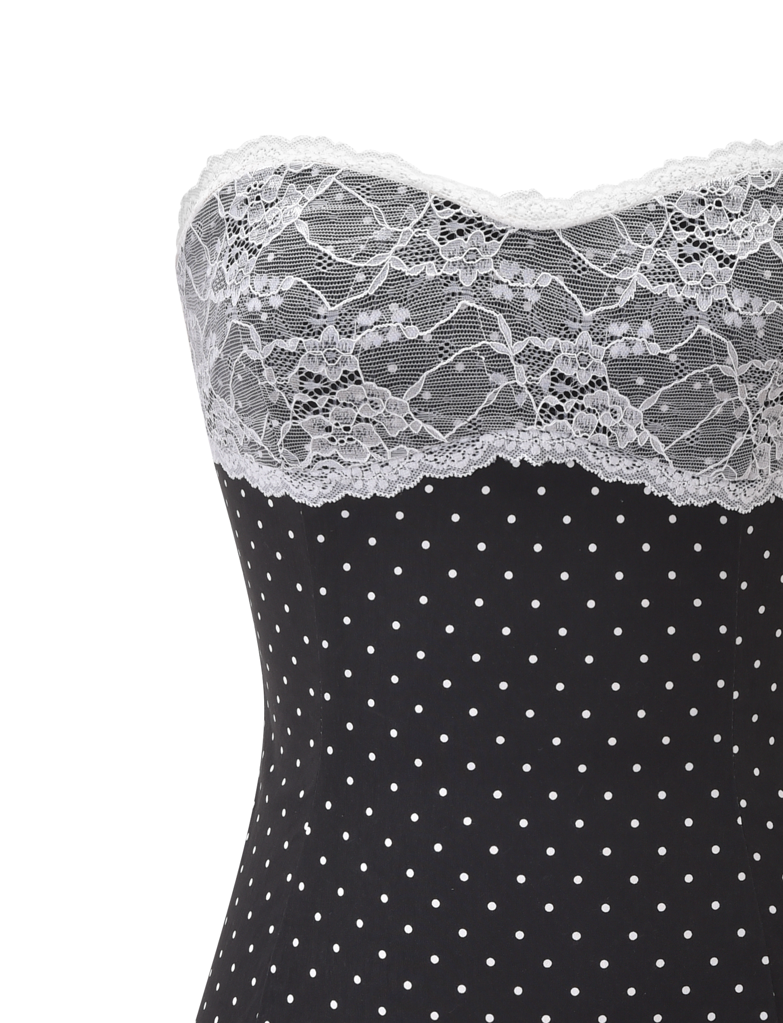 A close-up of the TIGERMIST KITTIE LACE PLEAT DRESS - BLACK DOT, a strapless mini dress with white polka dots and delicate lace trim along the bust.