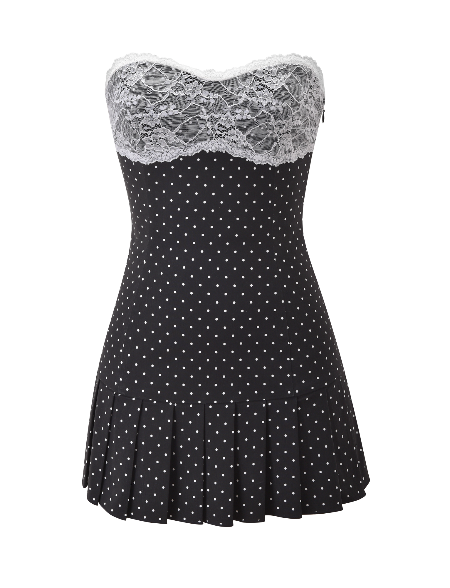 The KITTIE LACE PLEAT DRESS - BLACK DOT by TIGERMIST is a strapless polka dot mini dress with a lace bust, white lace bodice, sweetheart neckline, and pleated skirt, shown on a plain white background.