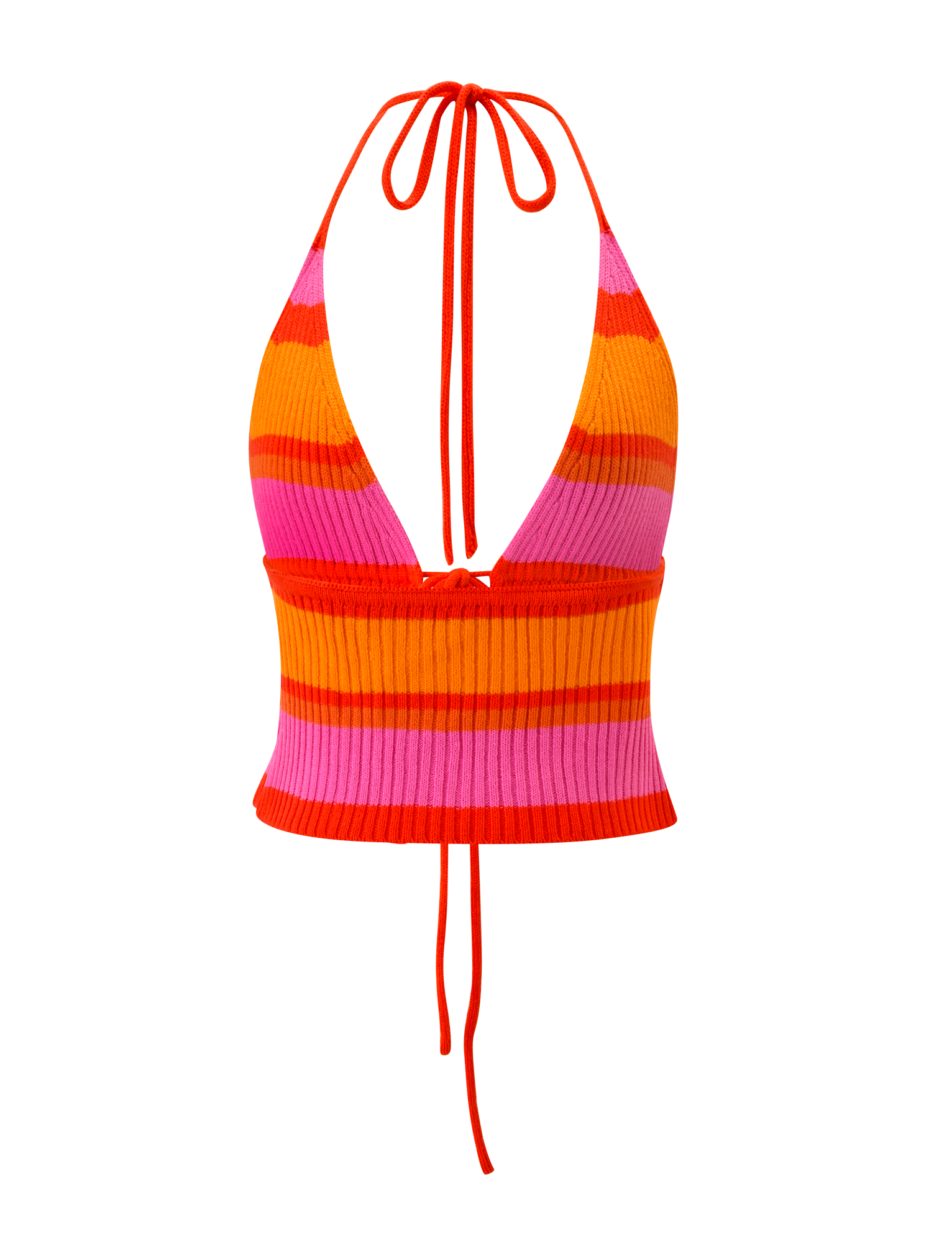 The TIGERMIST EVERLY CROCHET HALTER TOP - SUNSET TROPICAL STRIPE is a sleeveless top with red, orange, and pink stripes, a deep V-neck, and long red neck and back ties.