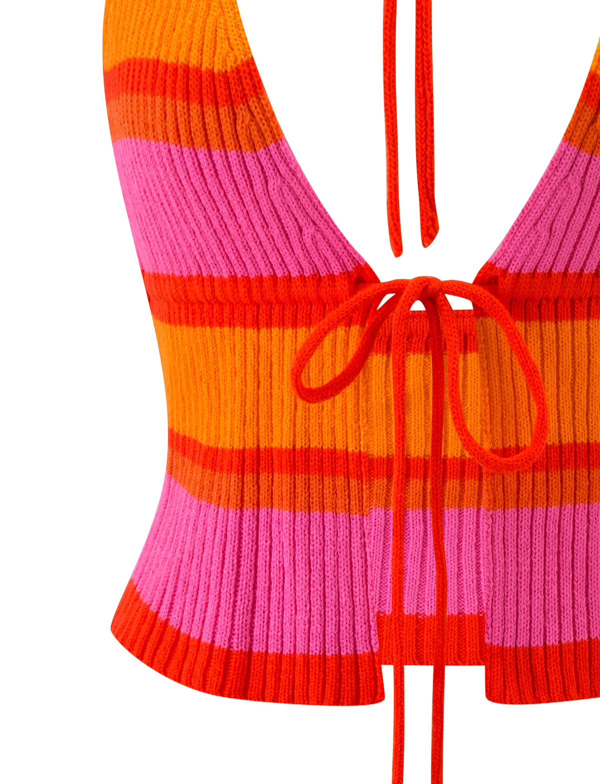 The EVERLY CROCHET HALTER TOP - SUNSET TROPICAL STRIPE by TIGERMIST features bold orange and pink stripes, a ribbed knit, deep neckline, and bow ties at the neck and front.