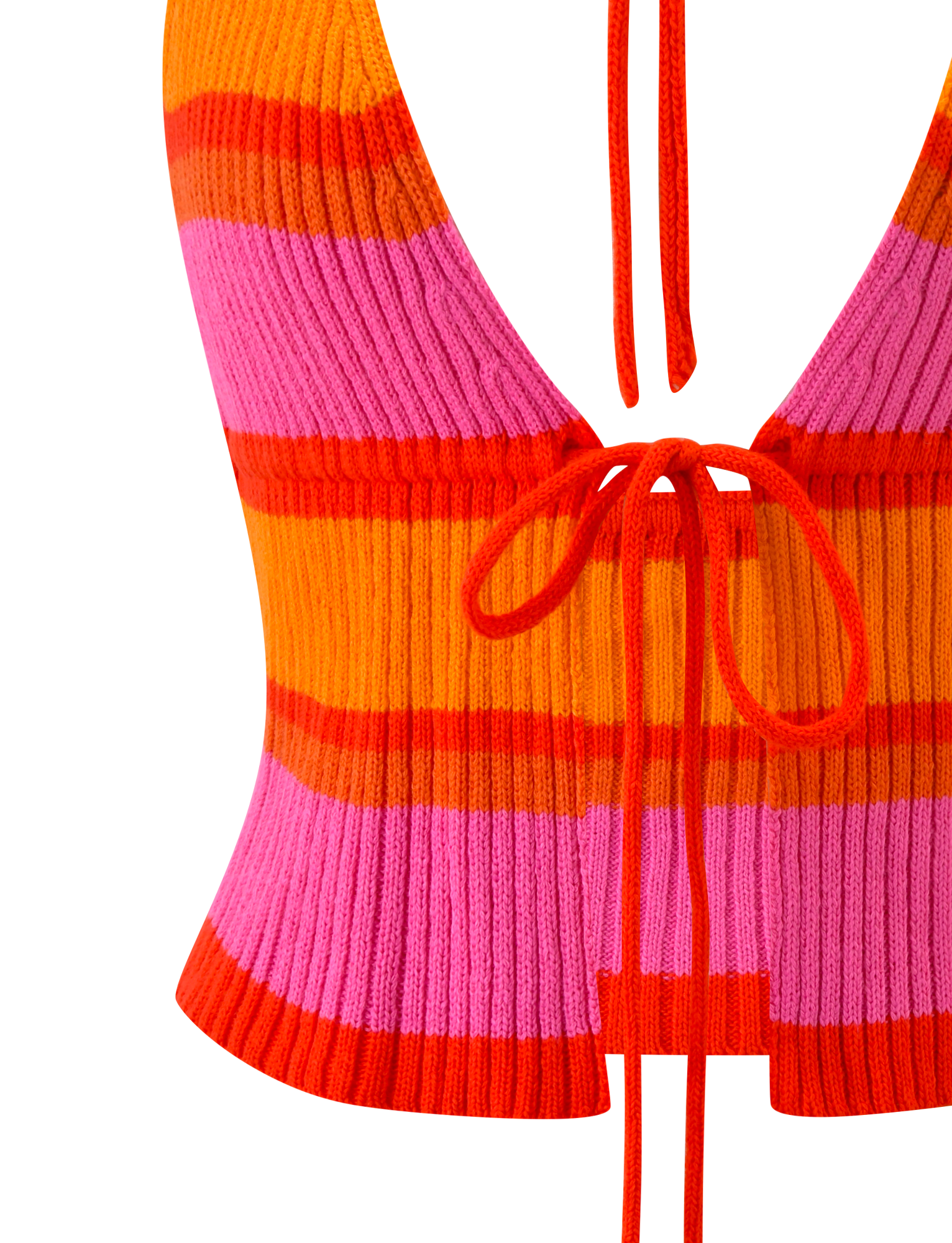 The EVERLY CROCHET HALTER TOP - SUNSET TROPICAL STRIPE by TIGERMIST features bold orange and pink stripes, a ribbed knit, deep neckline, and bow ties at the neck and front.