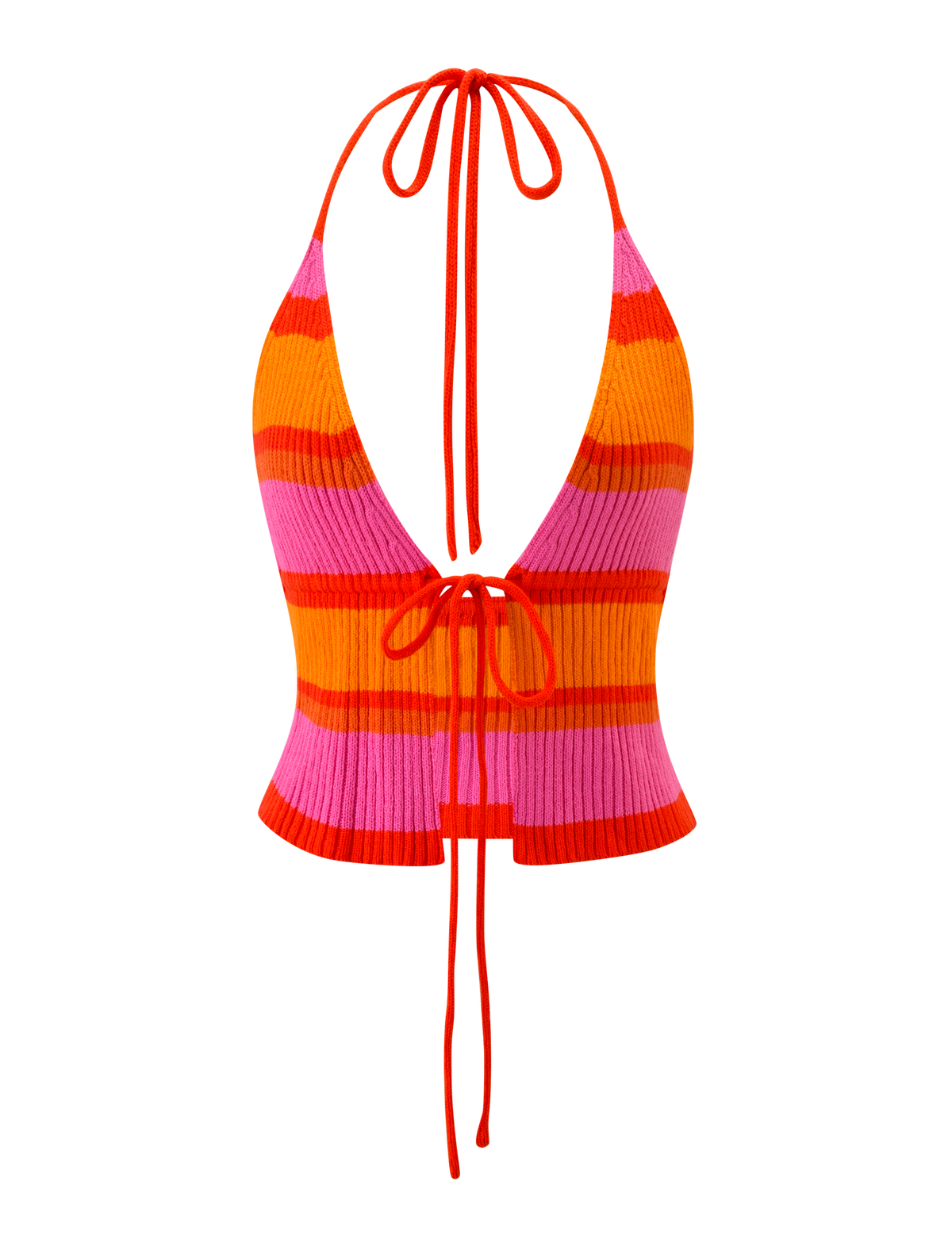 The TIGERMIST EVERLY CROCHET HALTER TOP - SUNSET TROPICAL STRIPE features orange, pink, and red horizontal stripes, a deep V-neck, and three sets of red tie strings at the neck, front, and lower back.