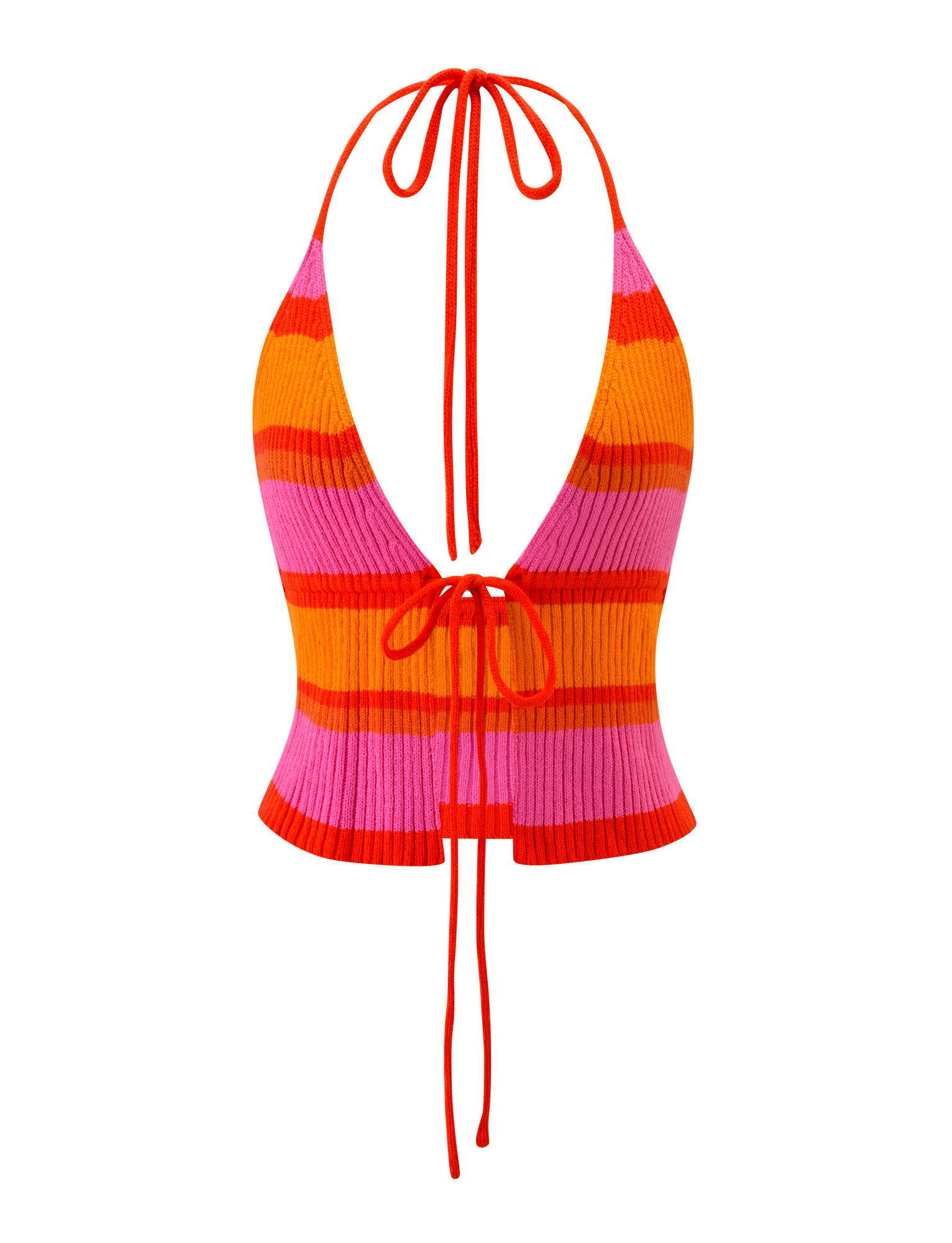 The TIGERMIST EVERLY CROCHET HALTER TOP - SUNSET TROPICAL STRIPE features orange, pink, and red horizontal stripes, a deep V-neck, and three sets of red tie strings at the neck, front, and lower back.