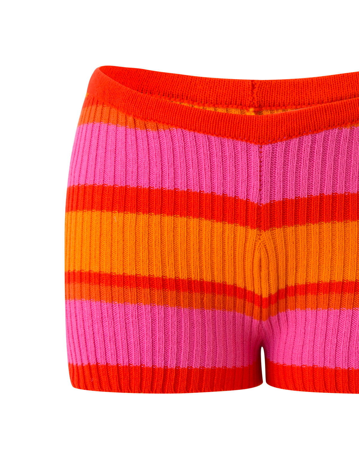 Close-up of the TIGERMIST EVERLY KNIT SHORT in SUNSET TROPICAL STRIPE, featuring an elastic waistband and bold orange, red, and pink horizontal stripes, displayed on a white background.