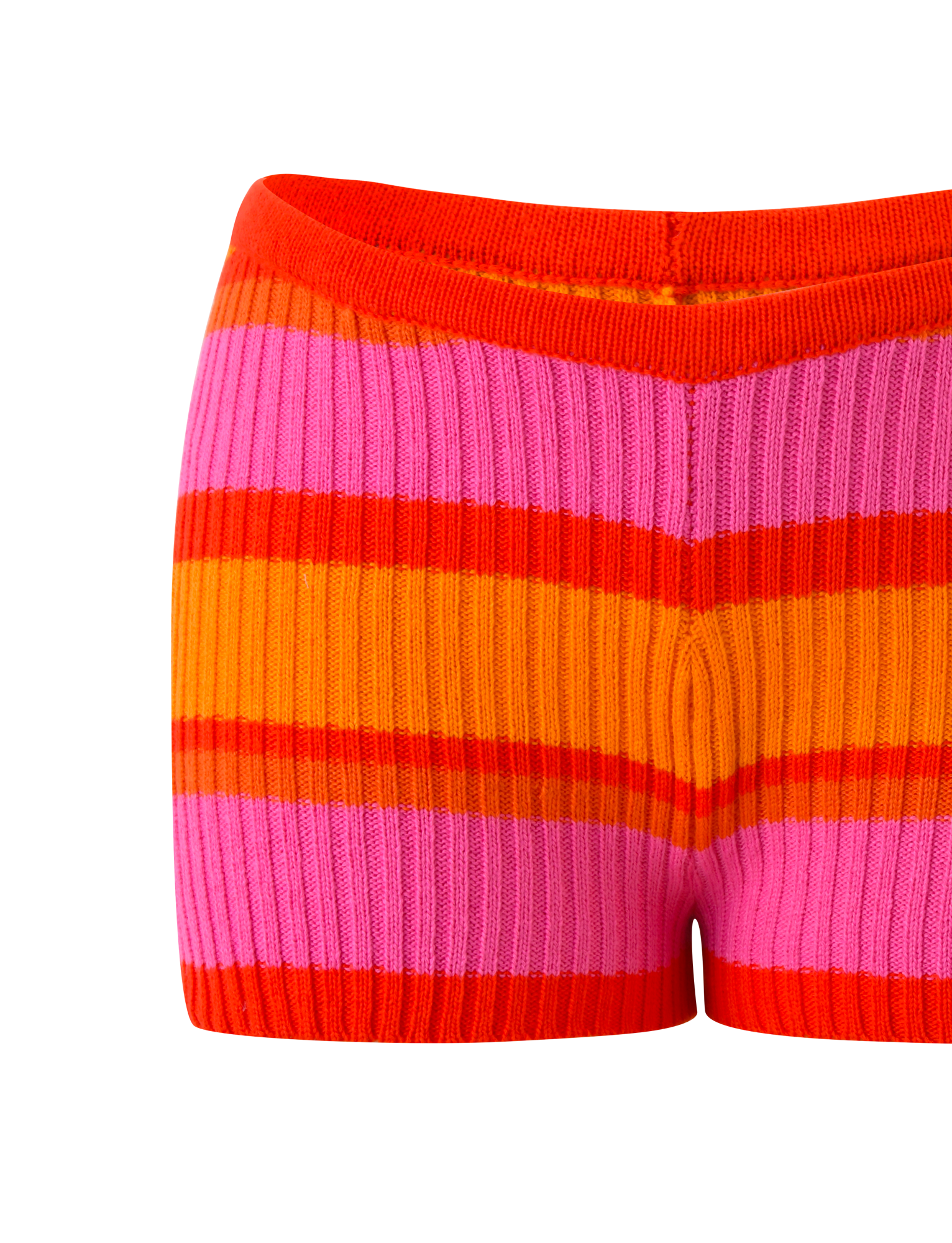 Close-up of the TIGERMIST EVERLY KNIT SHORT in SUNSET TROPICAL STRIPE, featuring an elastic waistband and bold orange, red, and pink horizontal stripes, displayed on a white background.