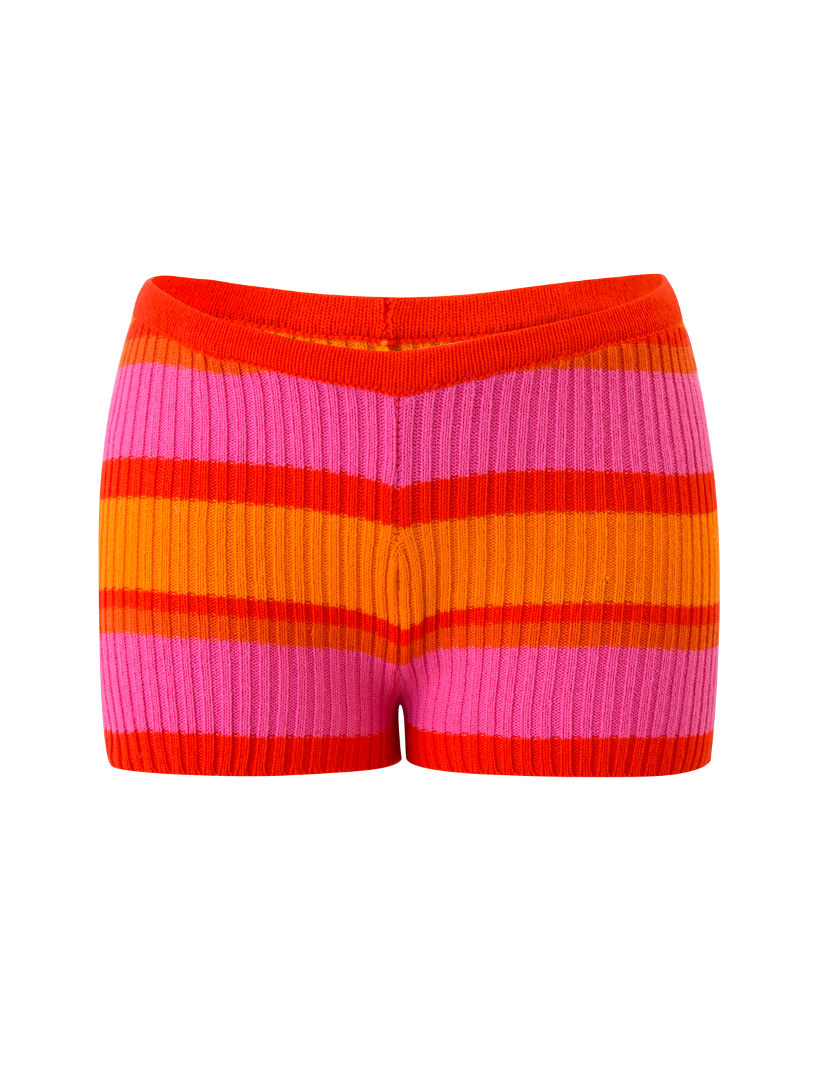The TIGERMIST EVERLY KNIT SHORT in Sunset Tropical Stripe features a ribbed texture, horizontal red, orange, and pink stripes, an elastic waistband, and a high-waisted fit for a playful look.