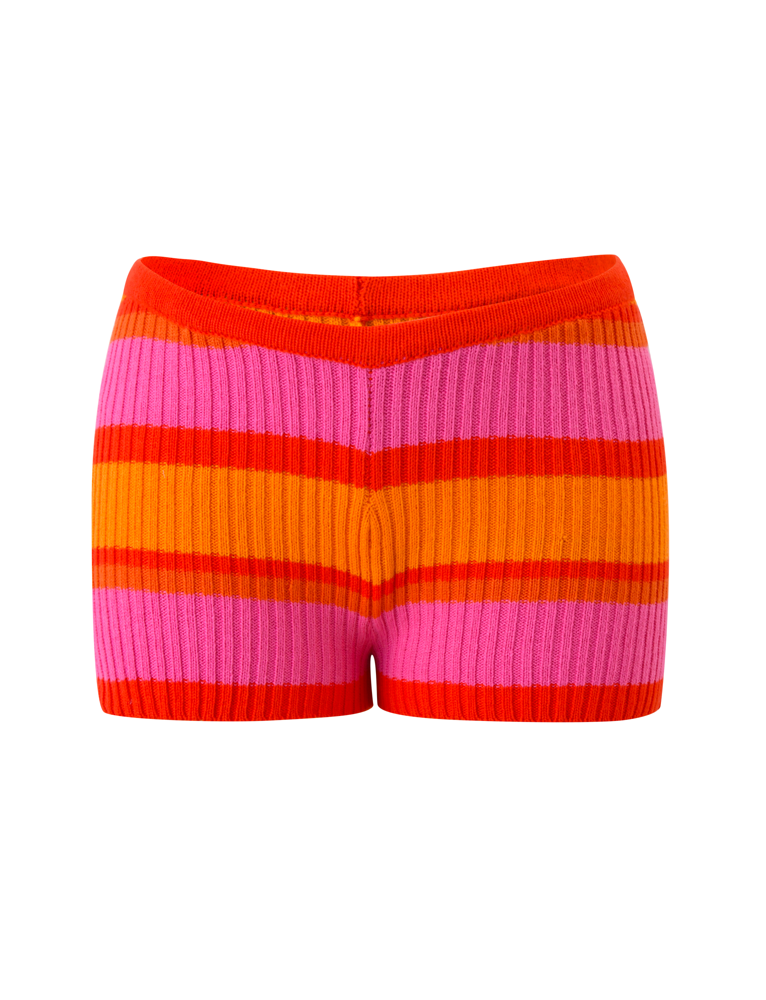 The TIGERMIST EVERLY KNIT SHORT in Sunset Tropical Stripe features a ribbed texture, horizontal red, orange, and pink stripes, an elastic waistband, and a high-waisted fit for a playful look.