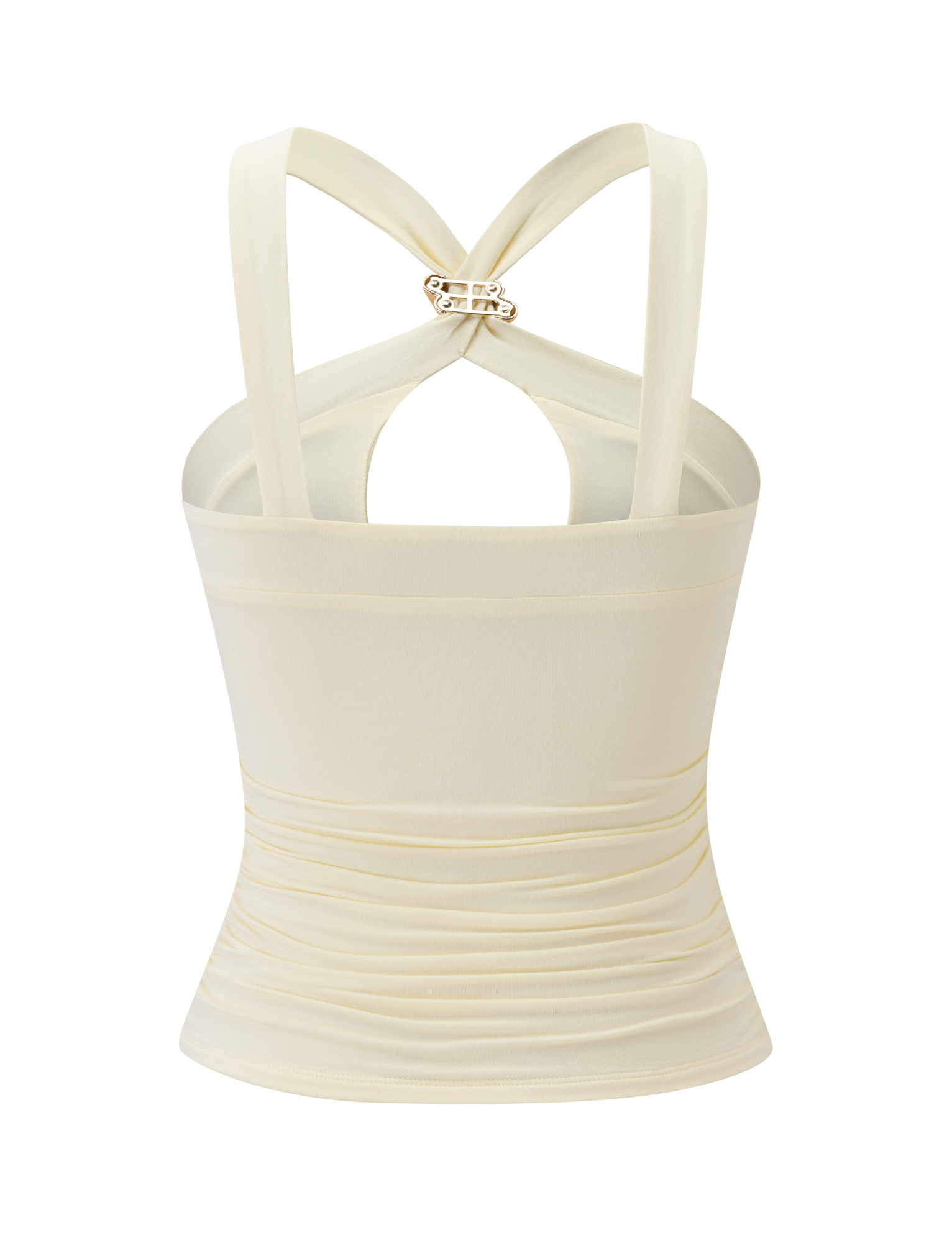 The TIGERMIST FINCH TOP - CREAM features a keyhole cutout, ruched details, cross-back straps, and a twisted gold clasp. Its fitted fabric has a subtle shine, adding a stylish finish. Pictured on a plain white background.